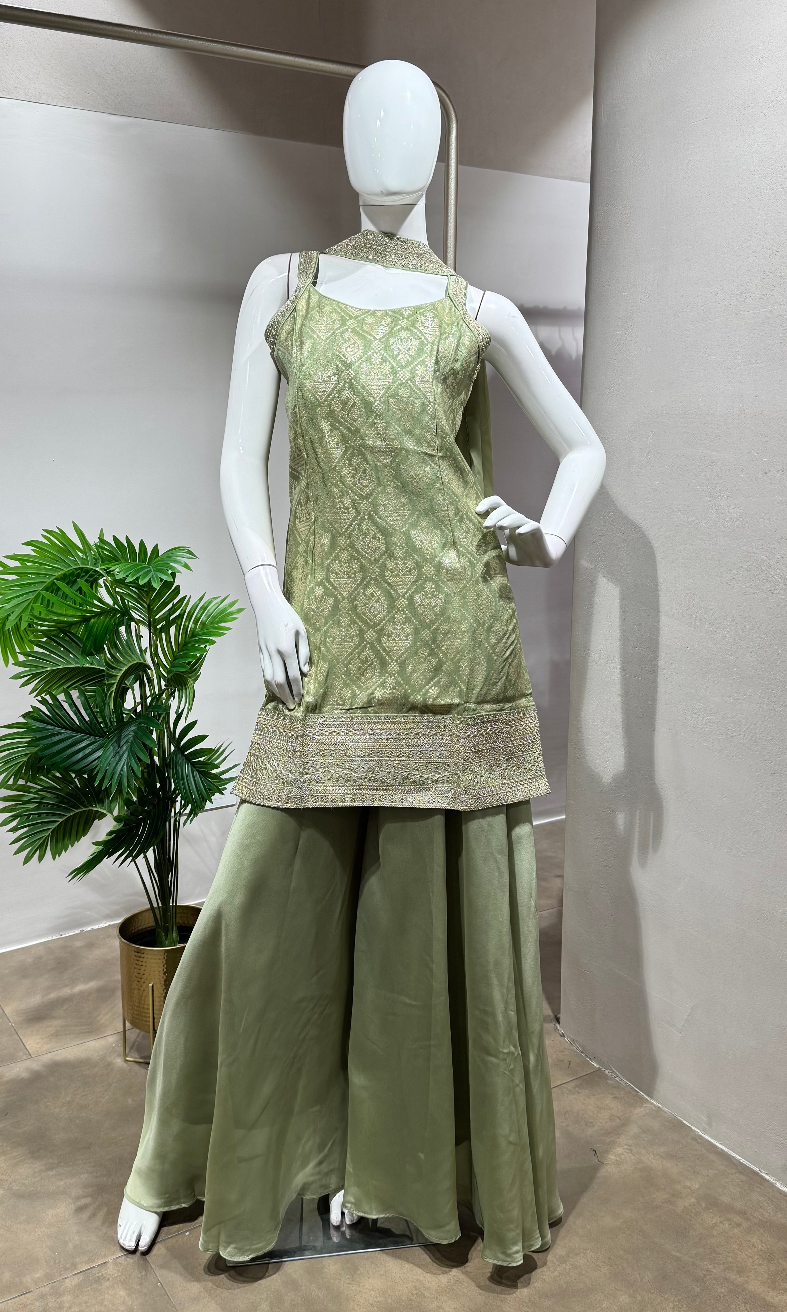 Green Sharara with Golden Embroidery