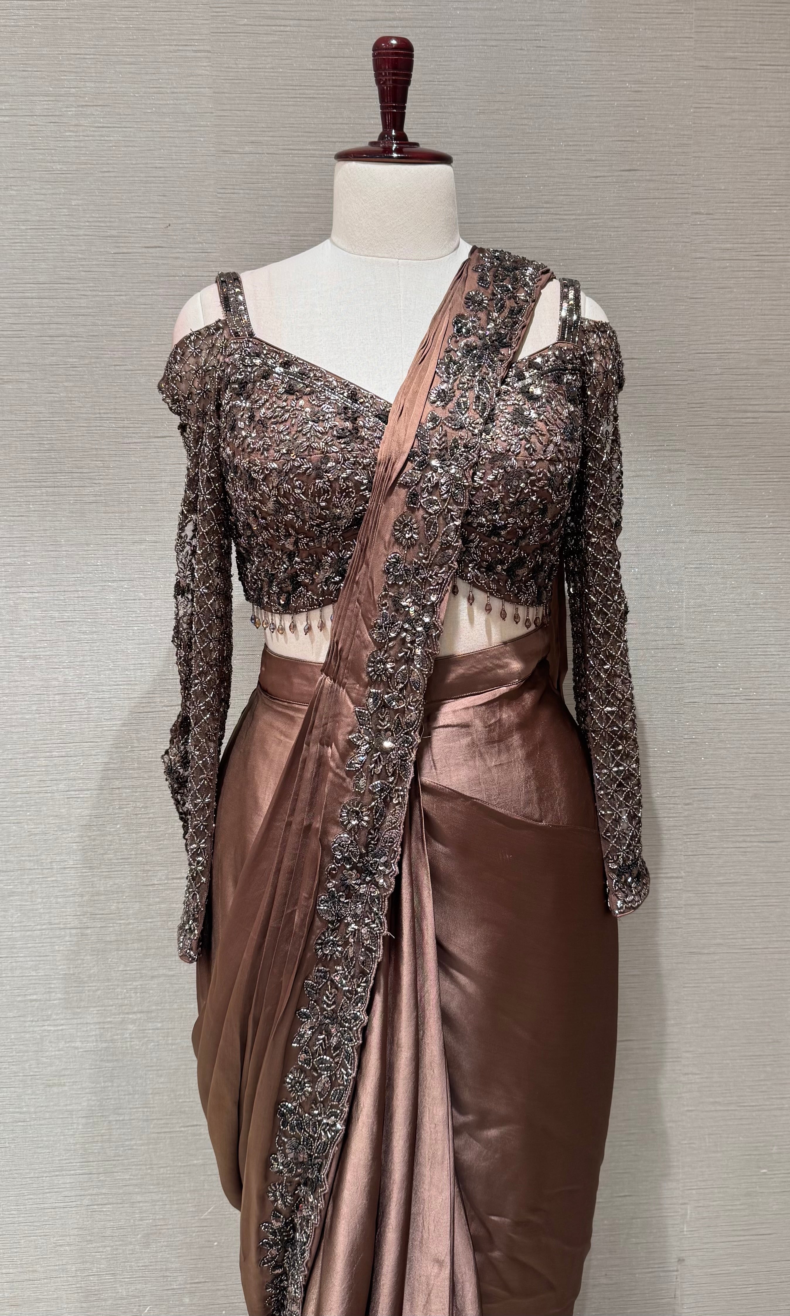 Chocolate Brown Draped Satin Saree Set