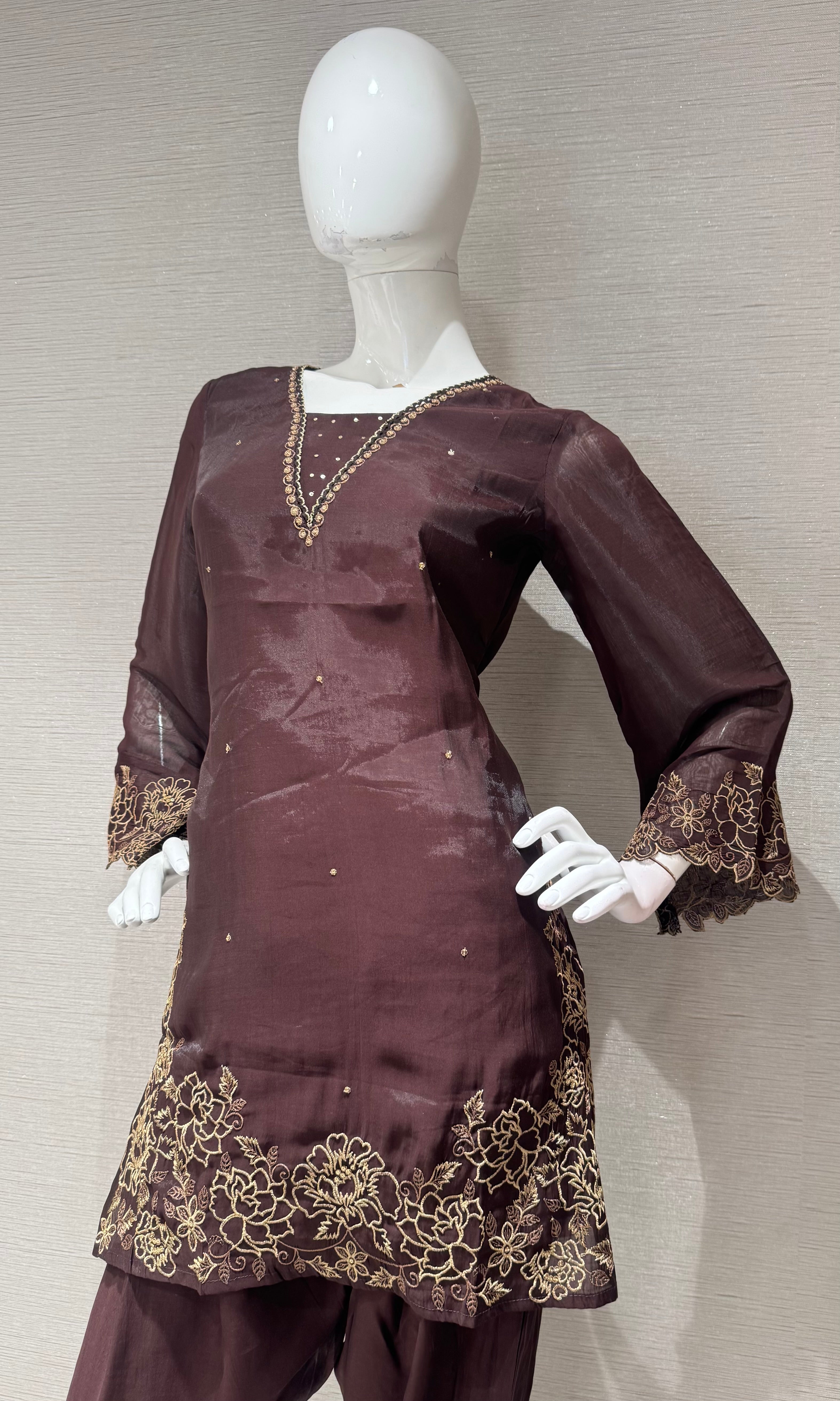 Brown floral farsi salwar kurta set