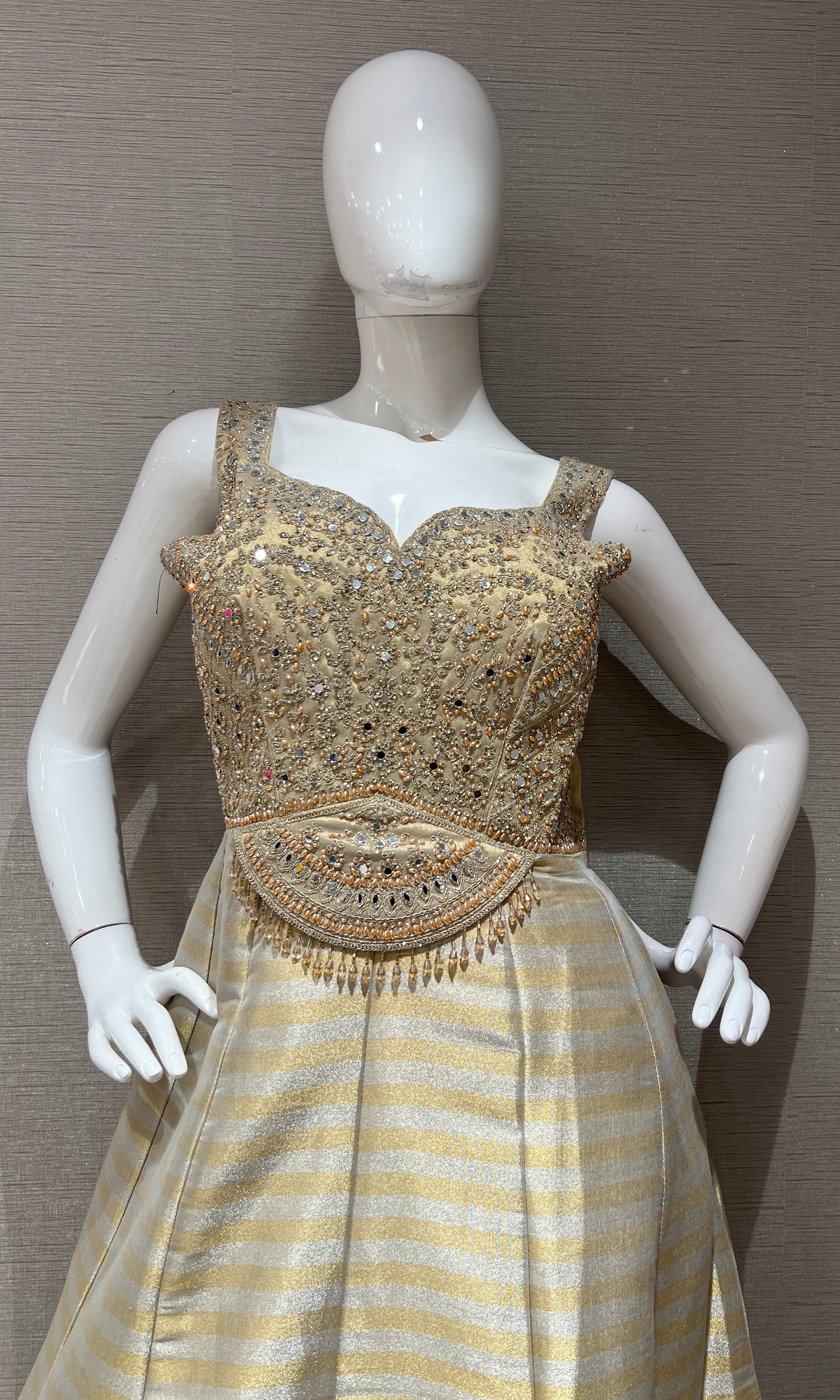 Blue and Gold Striped Anarkali Set with dupatta