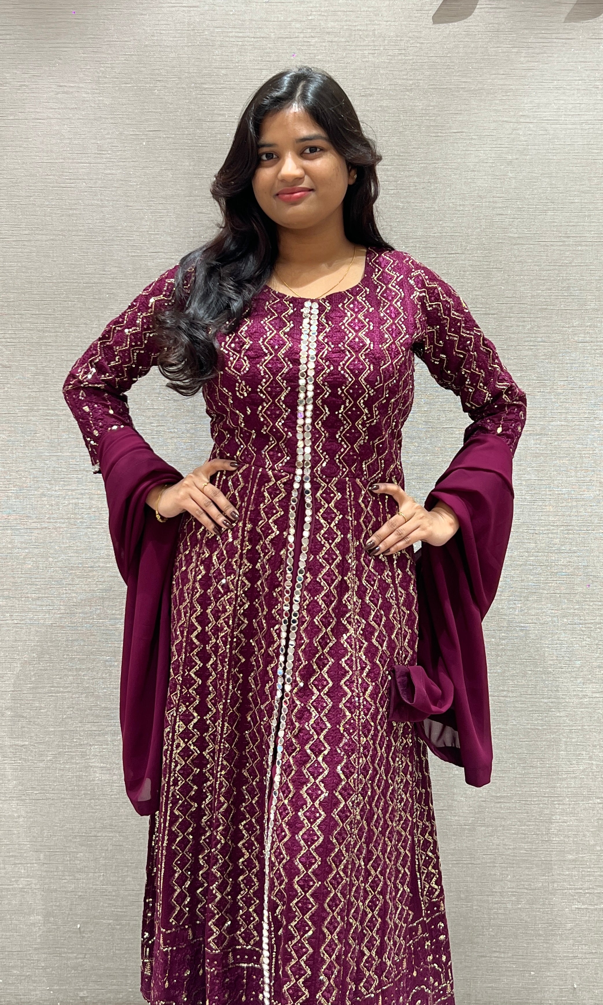 Wine front slit Anarkali with palazzo pants