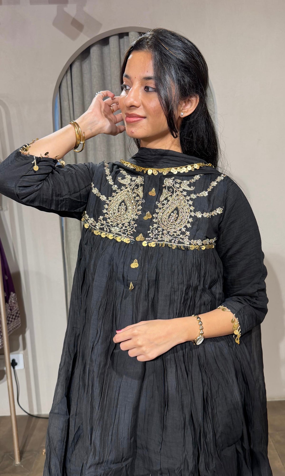 BLACK MUL CHANDERI KURTA SET WITH DUPATTA