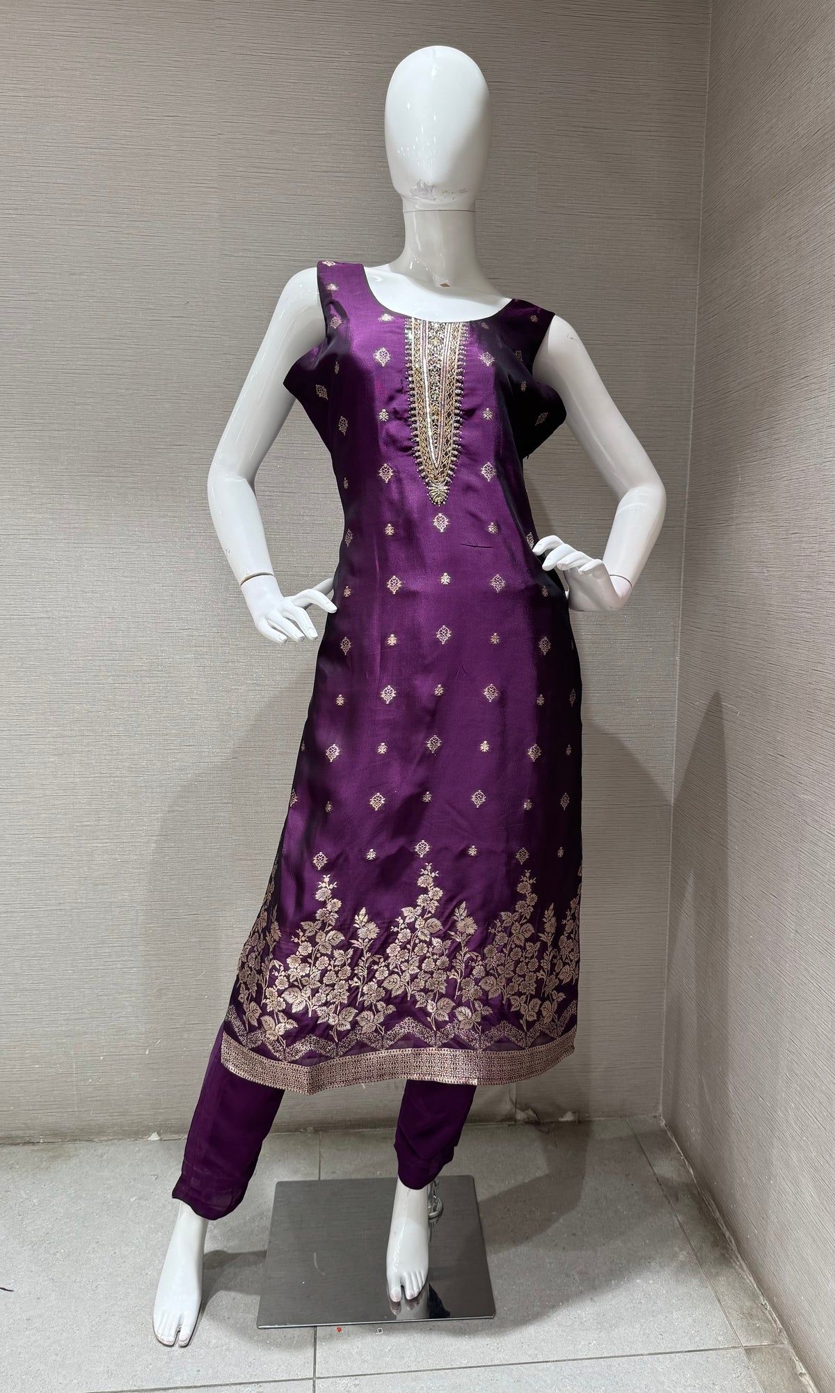 Wine Silk Embroidered Kurta Set with Banarasi Dupatta