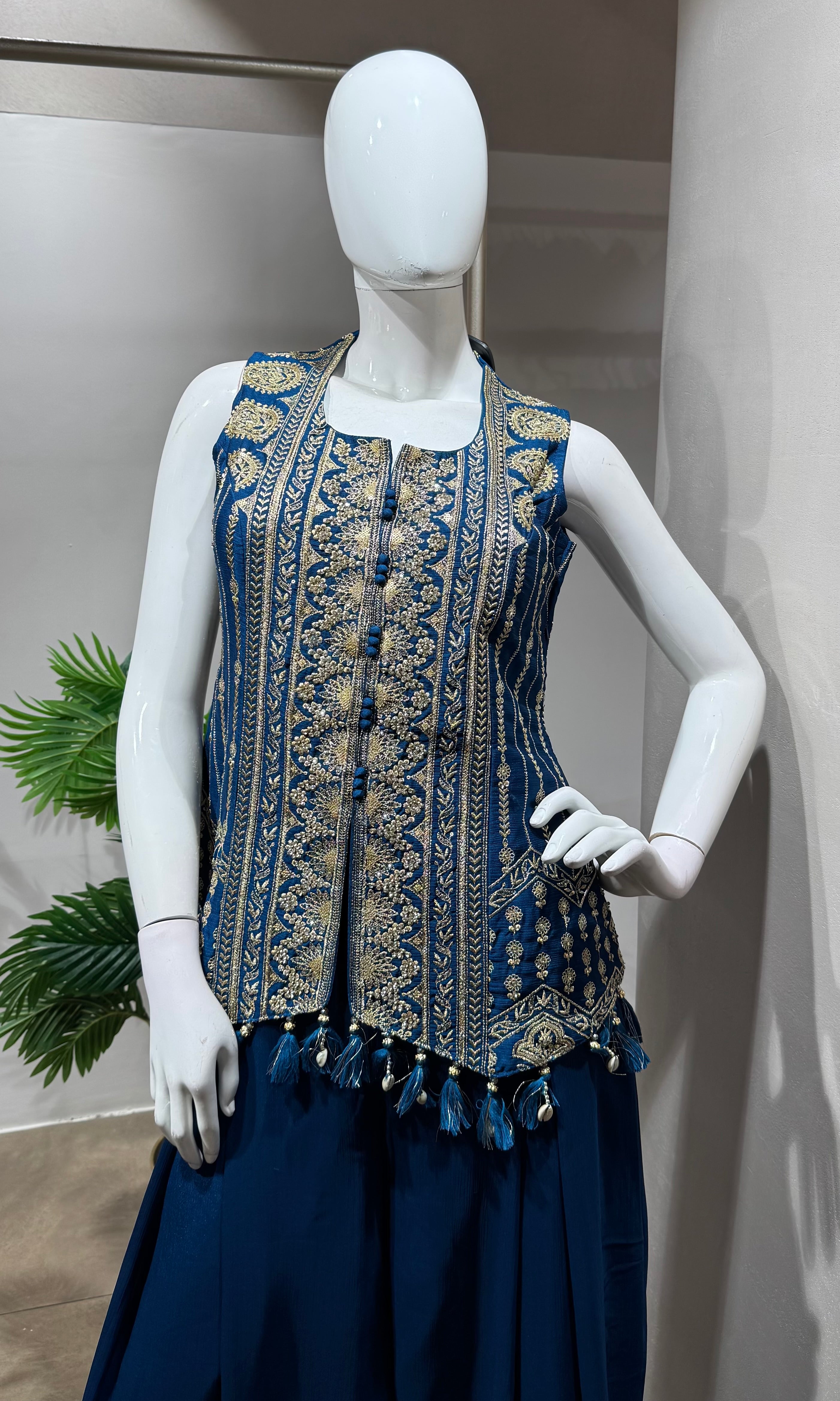 BLUE golden embroidery peplum palazzo set