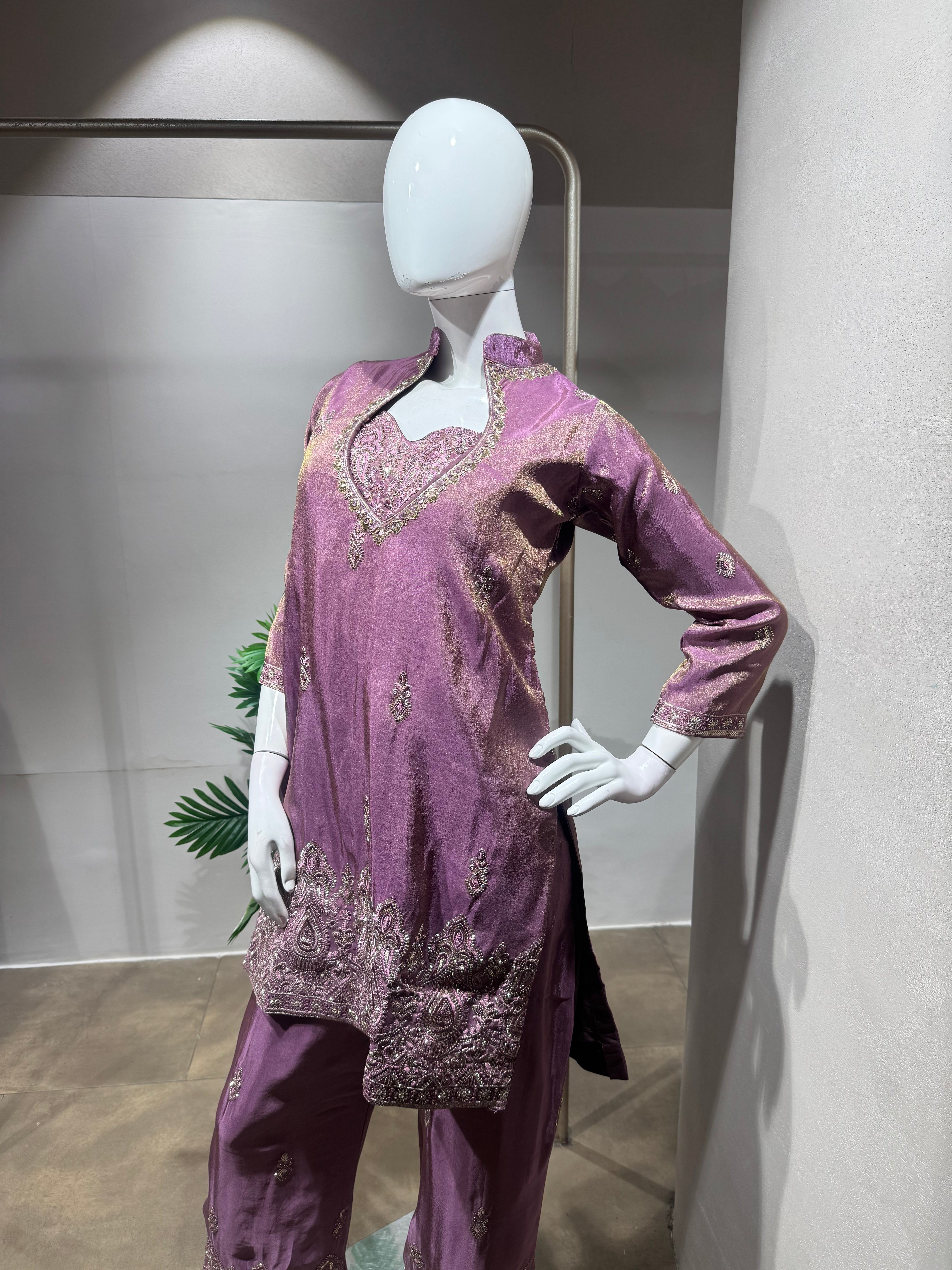 Purple shimmer tissue salwar with farsi pants