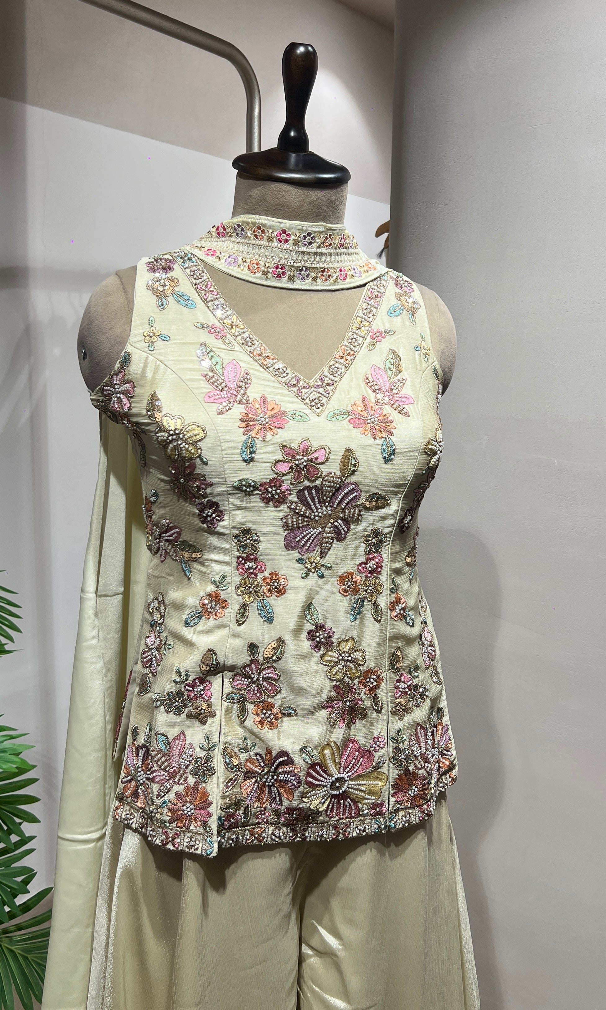 Cream Floral Embroidered Palazzo Suit