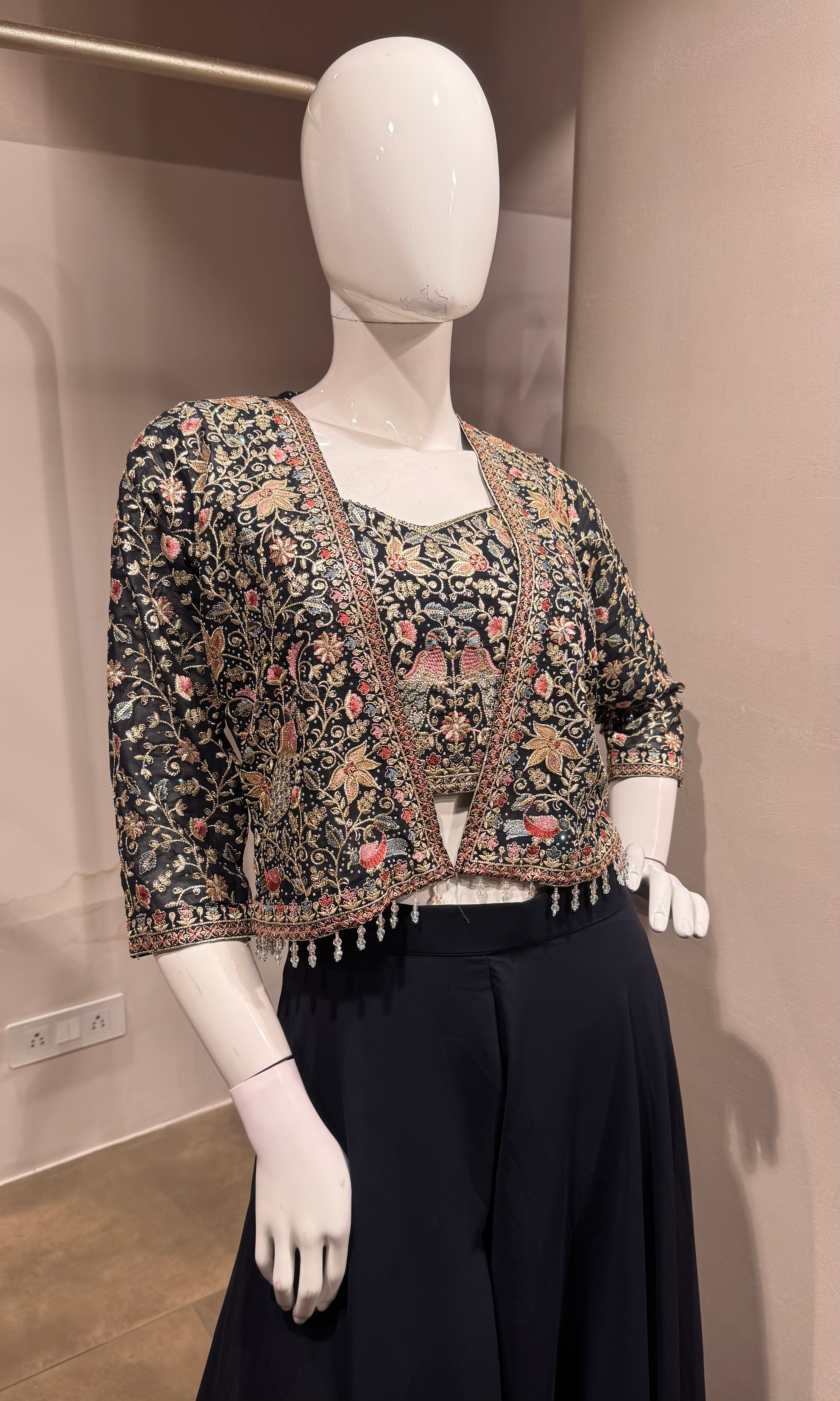 BLUE PALAZZO SET Floral Crop Top JACKET
