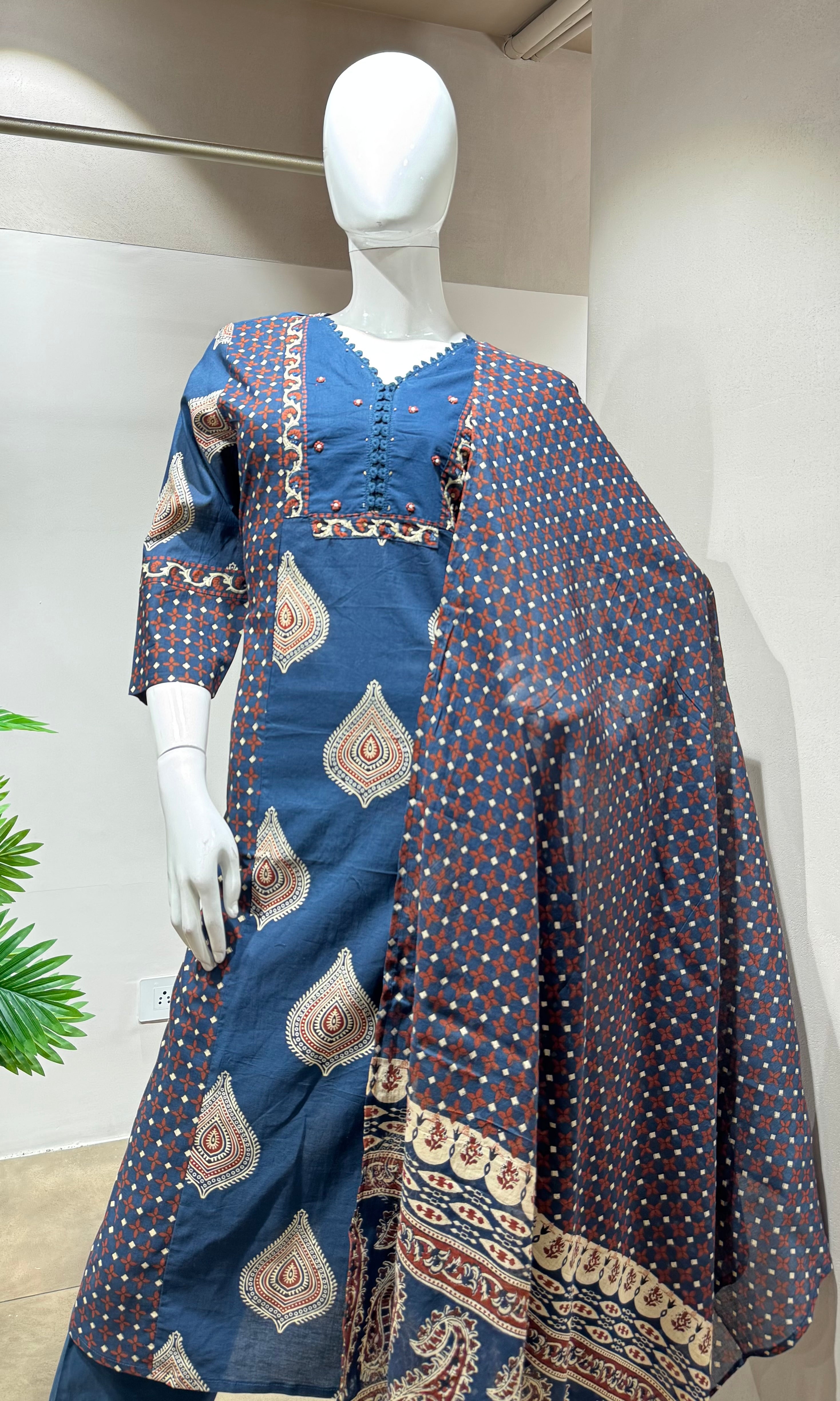 Navy blue block print design kurta set