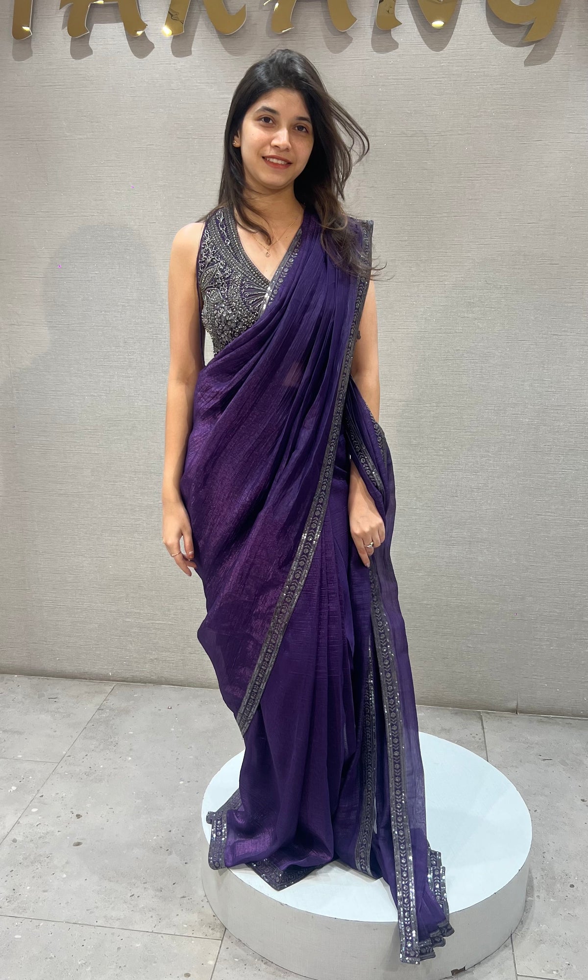 Deep Purple Embroidered Georgette Drape Saree