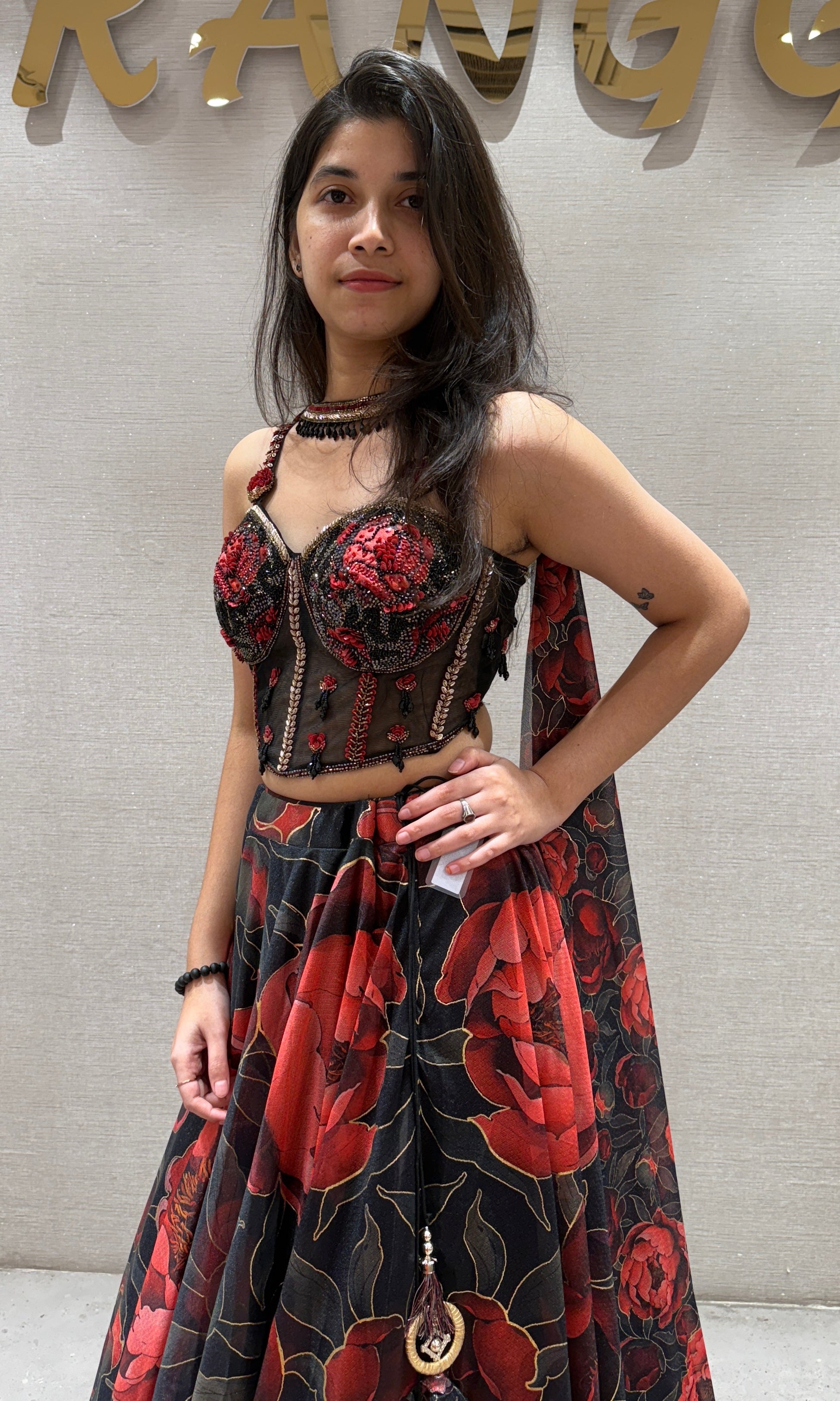 Black Red Floral Printed Lehenga Set
