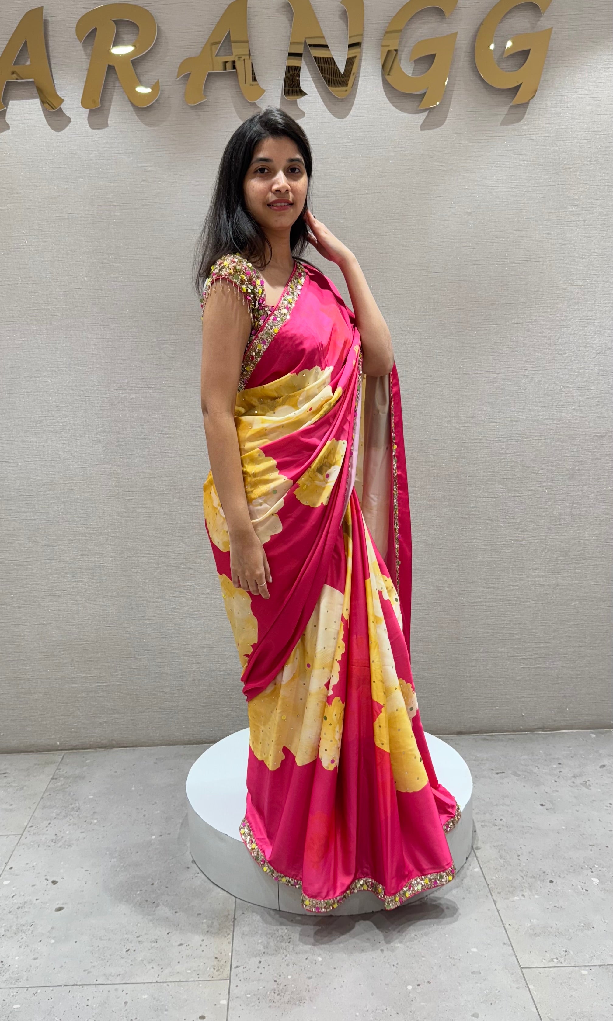 Pink Floral Saree WITH EMBROIDERED BLOUSE