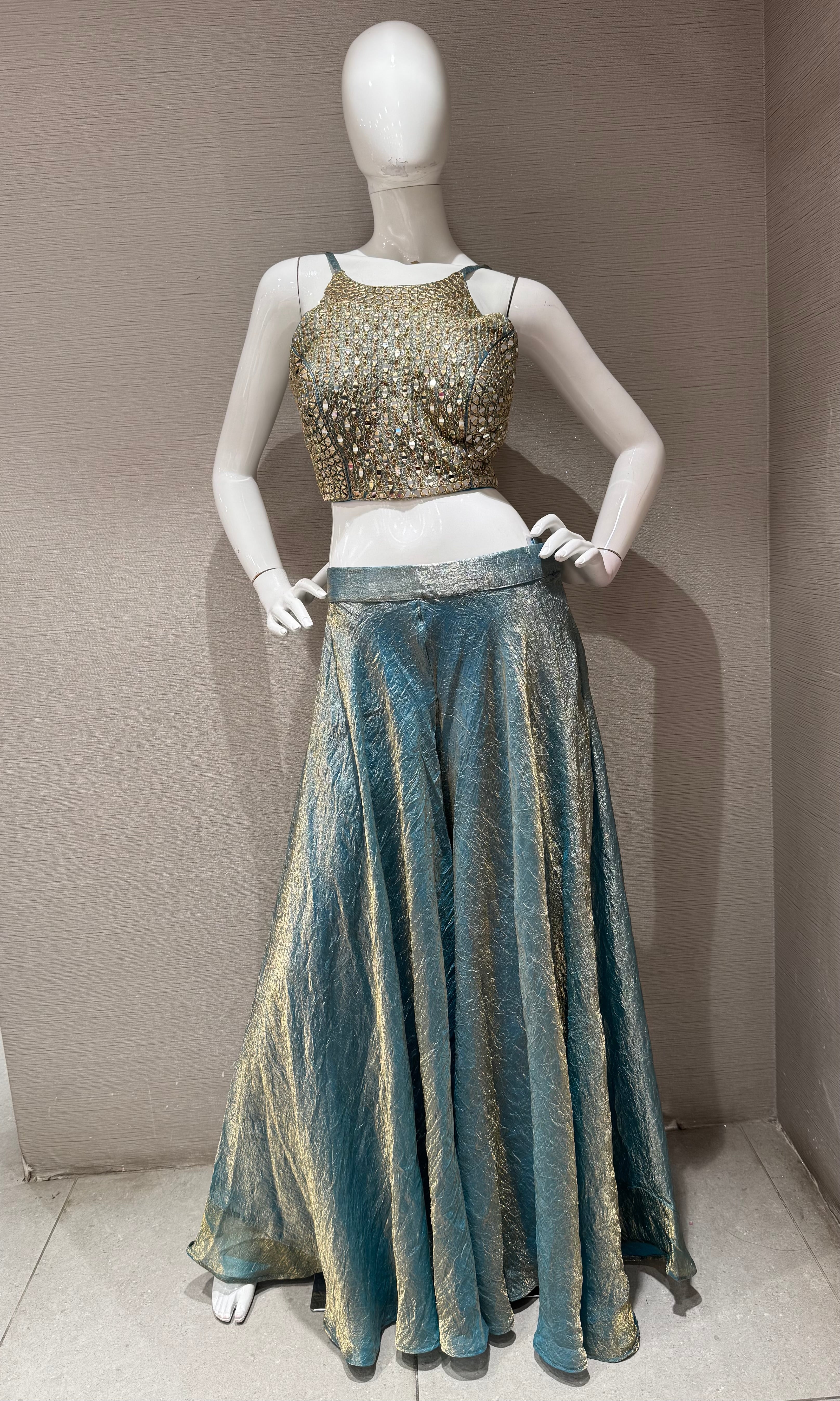 Blue Shimmer palazzo set with golden ethnic blouse