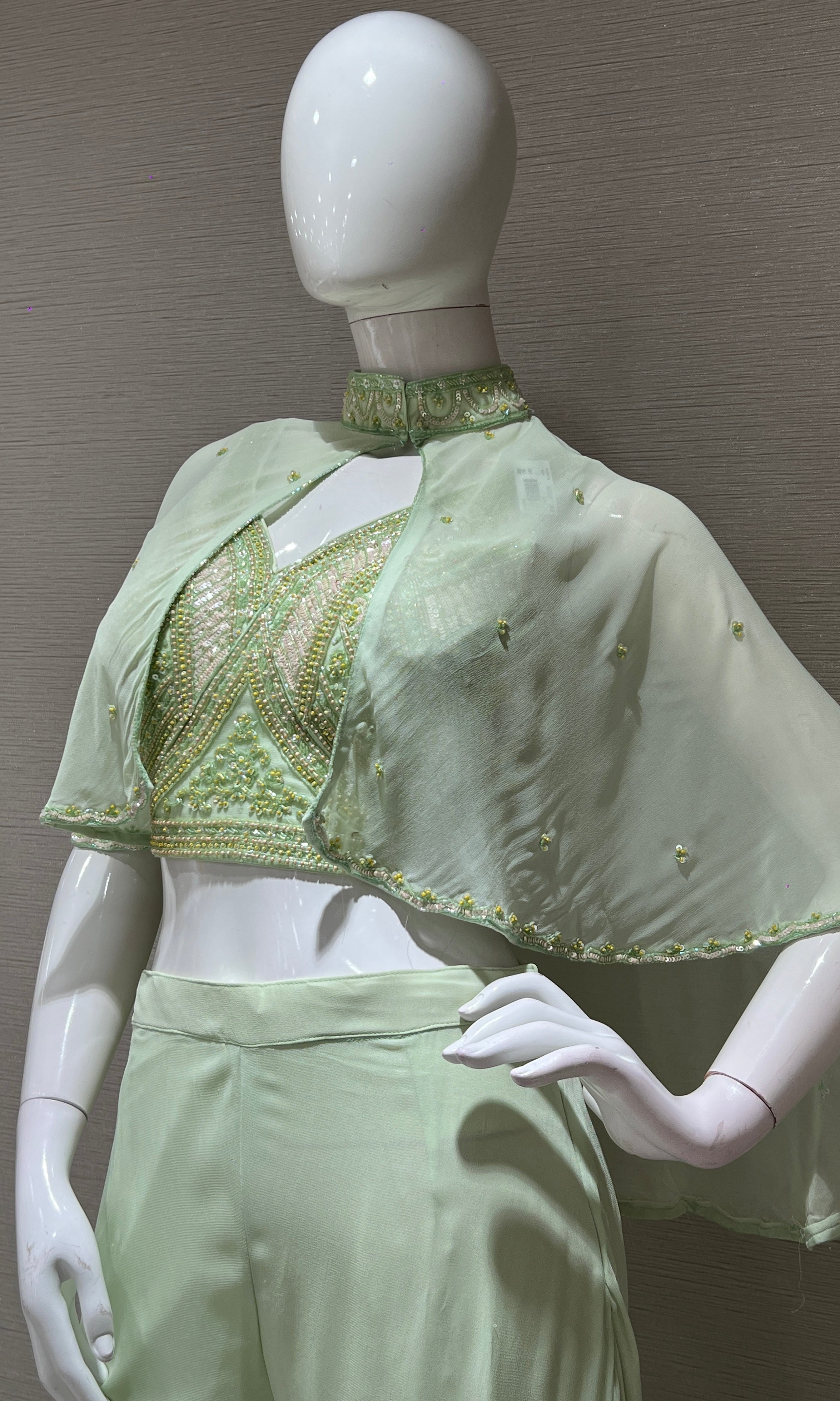 Light Green Embellished Palazzo Set with Cape