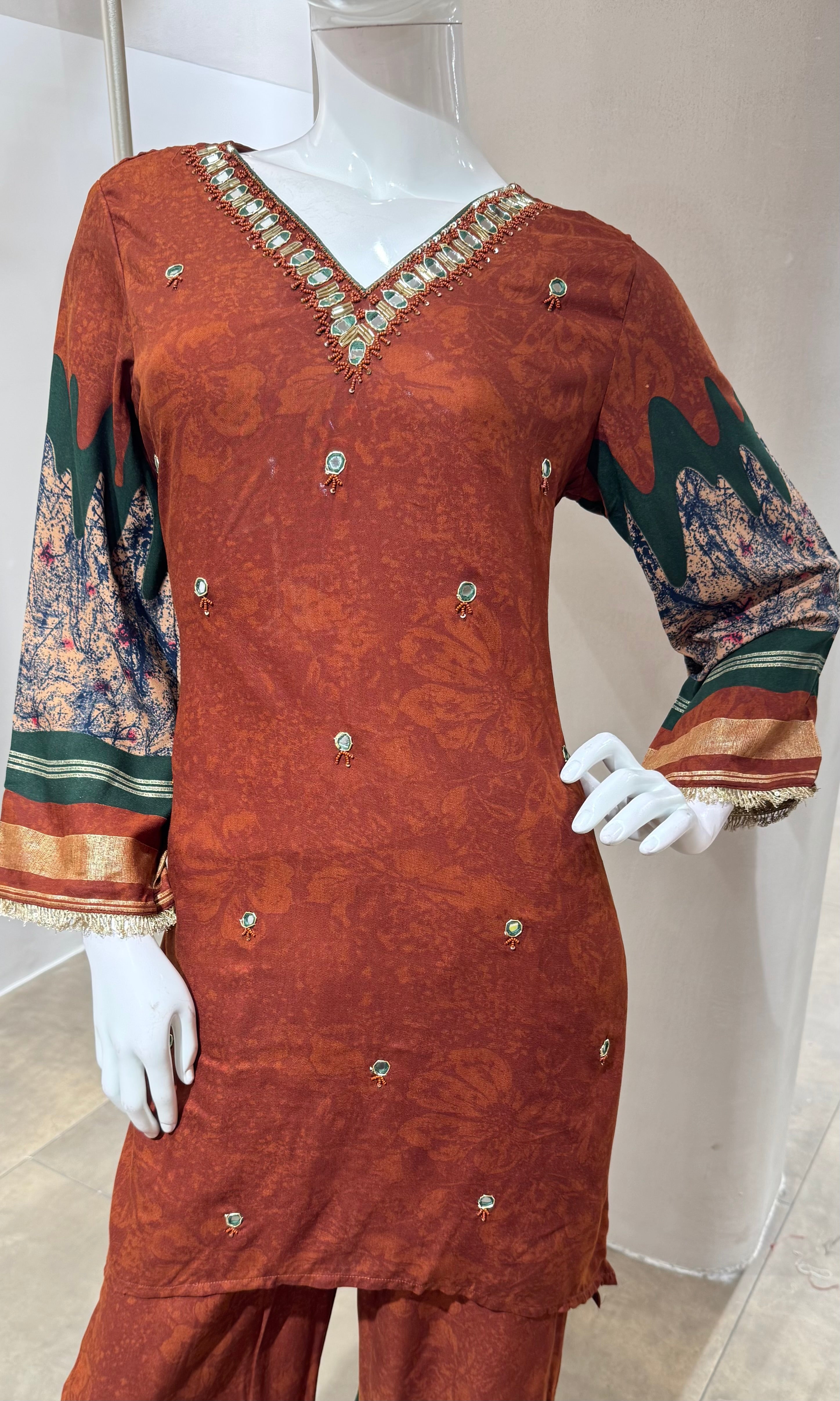 RUST PRINTED KURTI WITH BOTTOM
