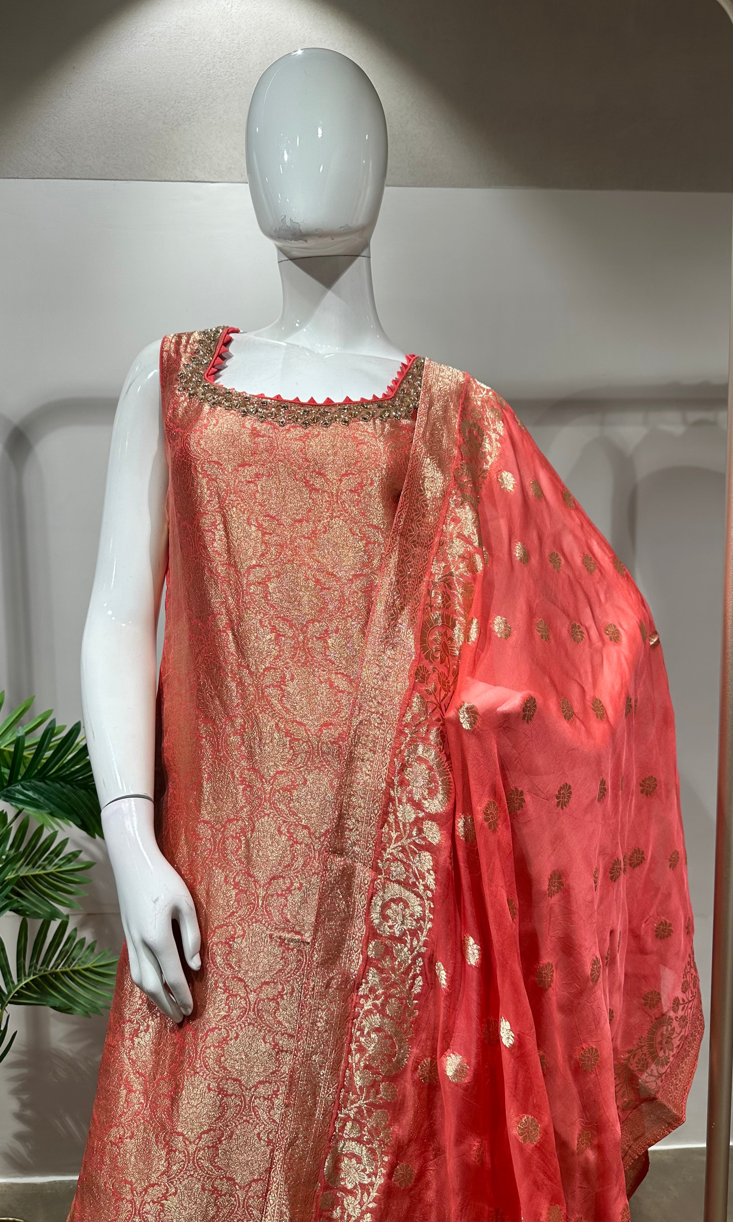 Peach Banarasi embroidered kurta set
