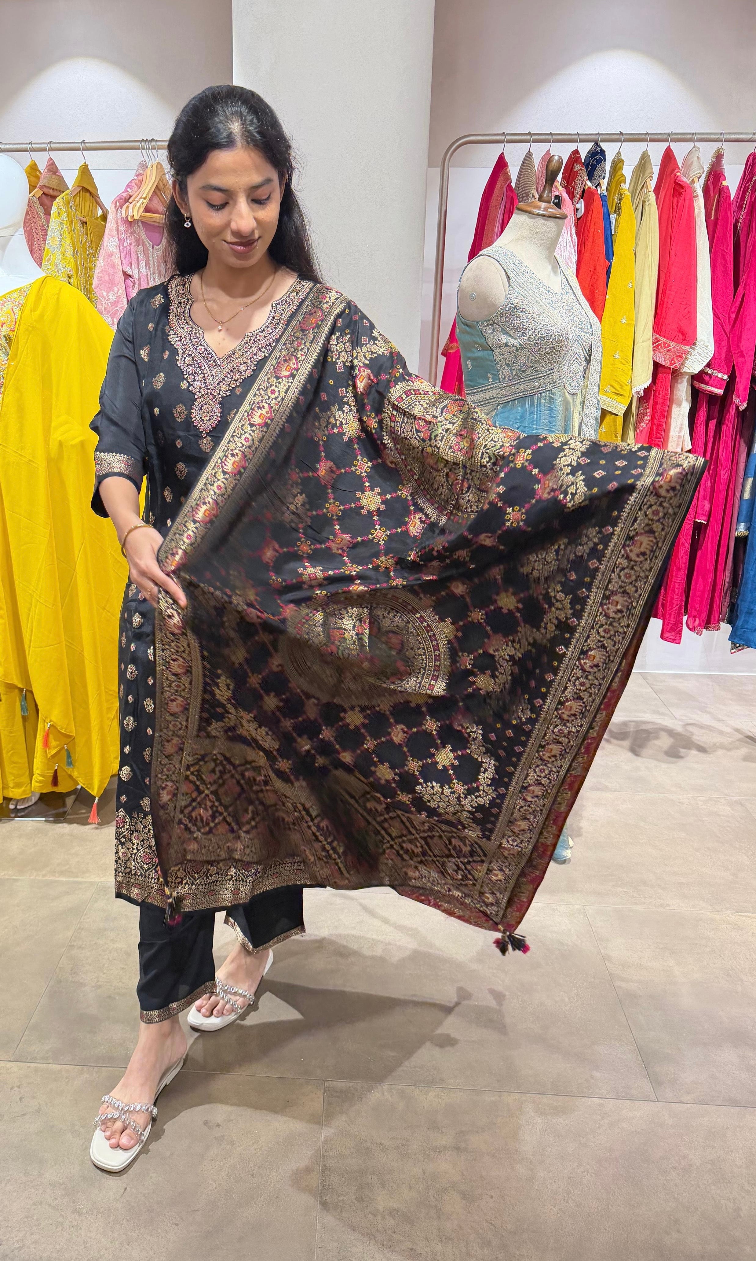 Black Banarasi Kurta Set with Buti Dupatta