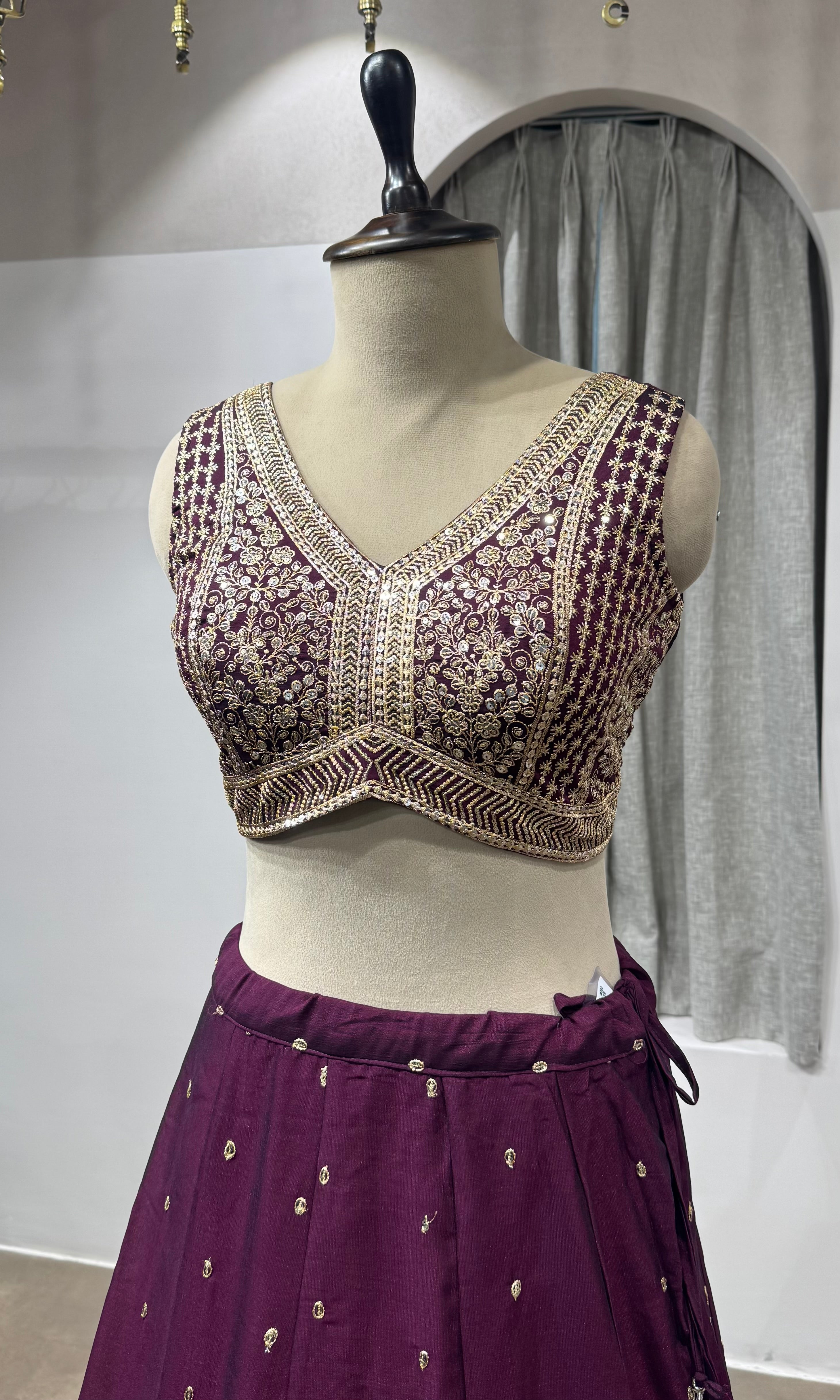 Wine Embroidered Lehenga with Dupatta