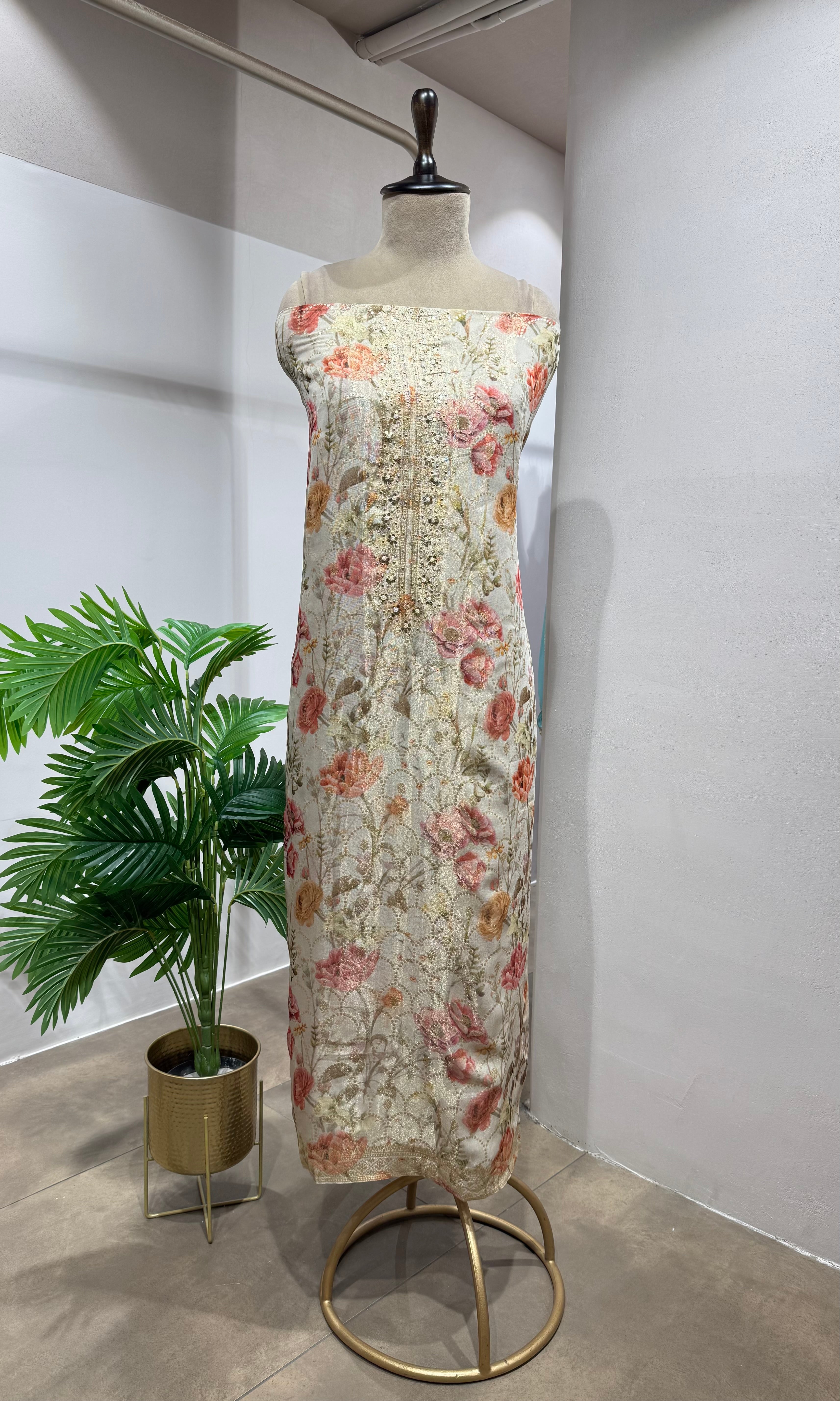 CREAM BANARASI SILK DRESS MATERIAL