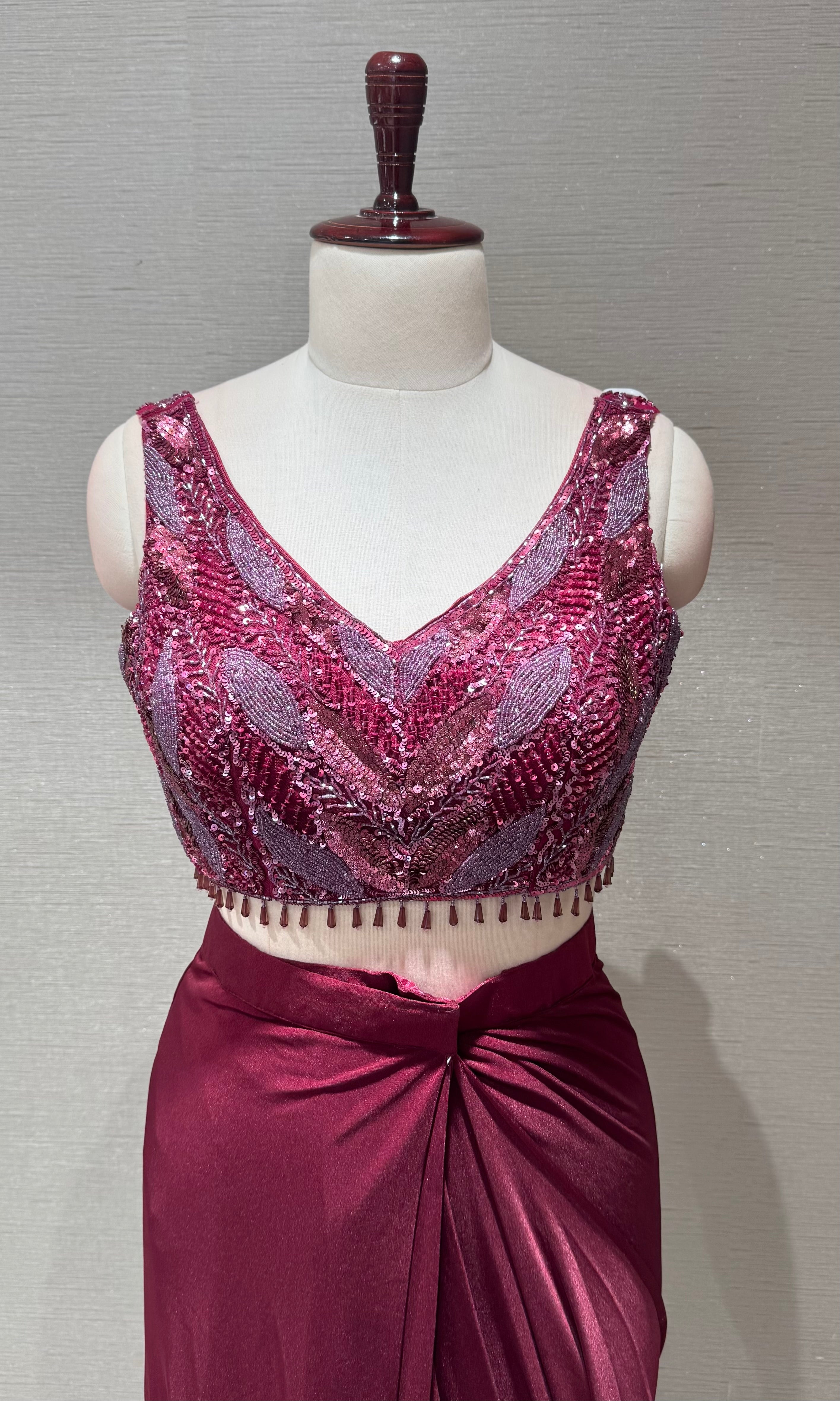 Wine Draped Saree with ethnic blouse and belt