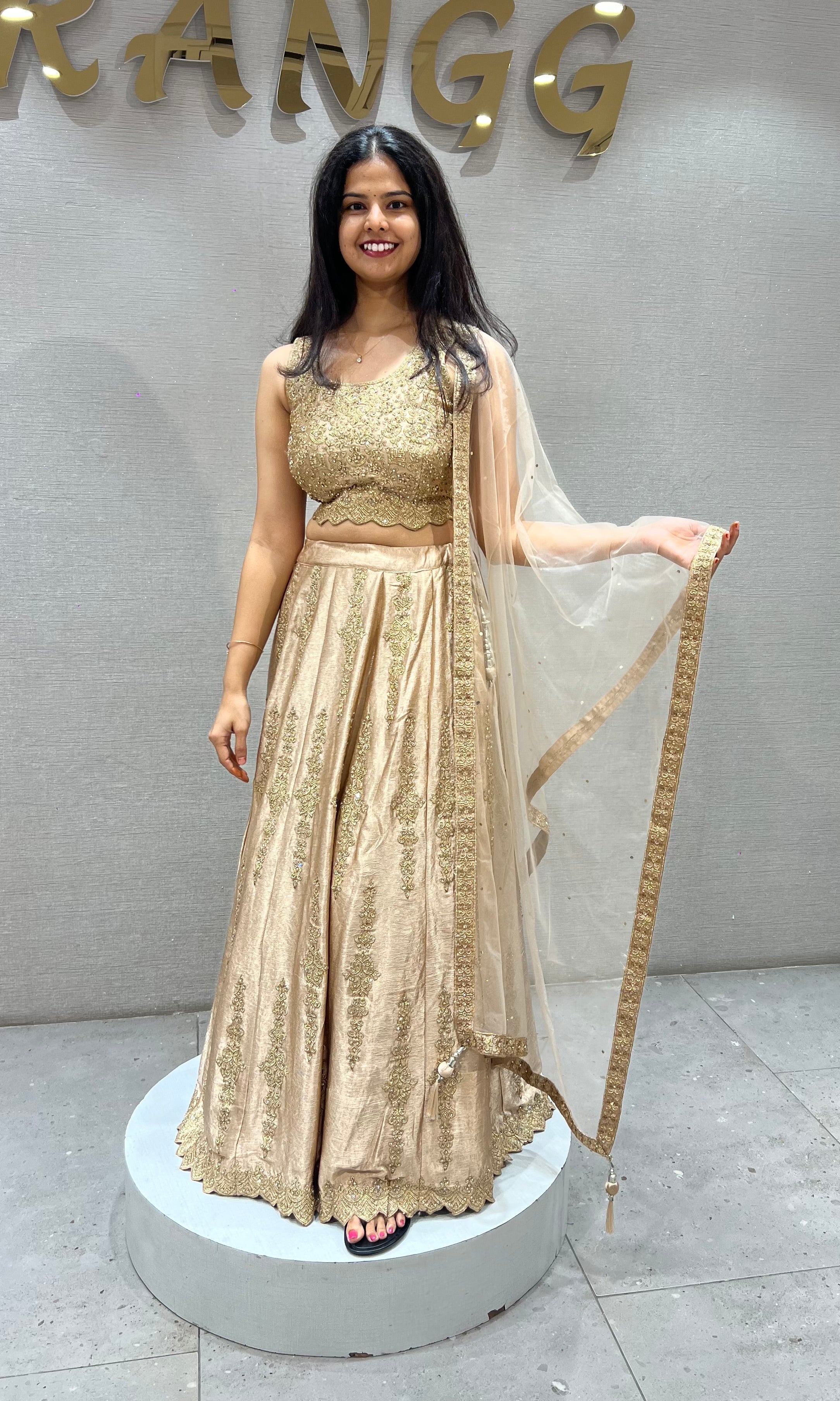 Gold Satin silk Embroidered Lehenga with Sheer net Dupatta
