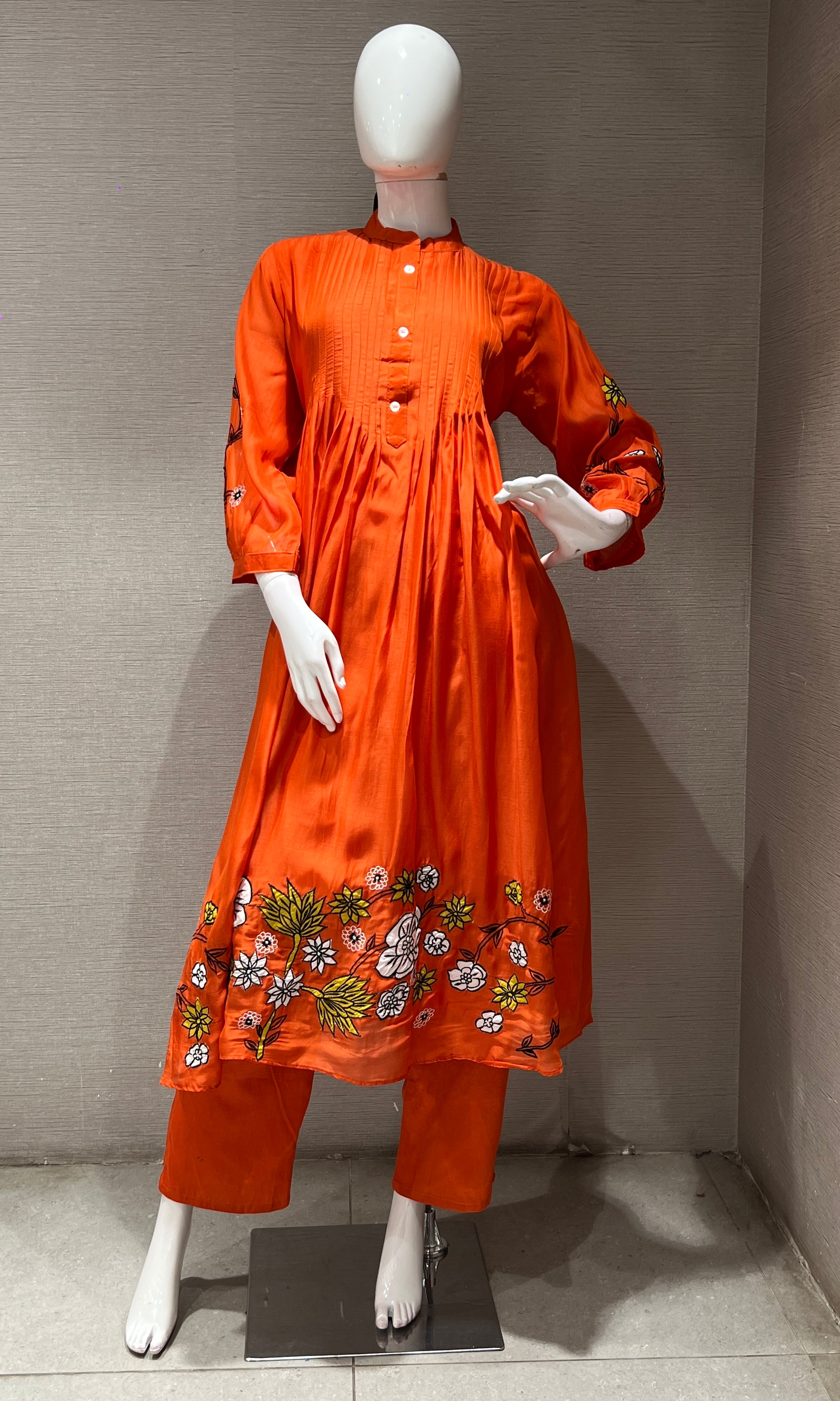 Orange floral embroidery mul chanderi kurta set