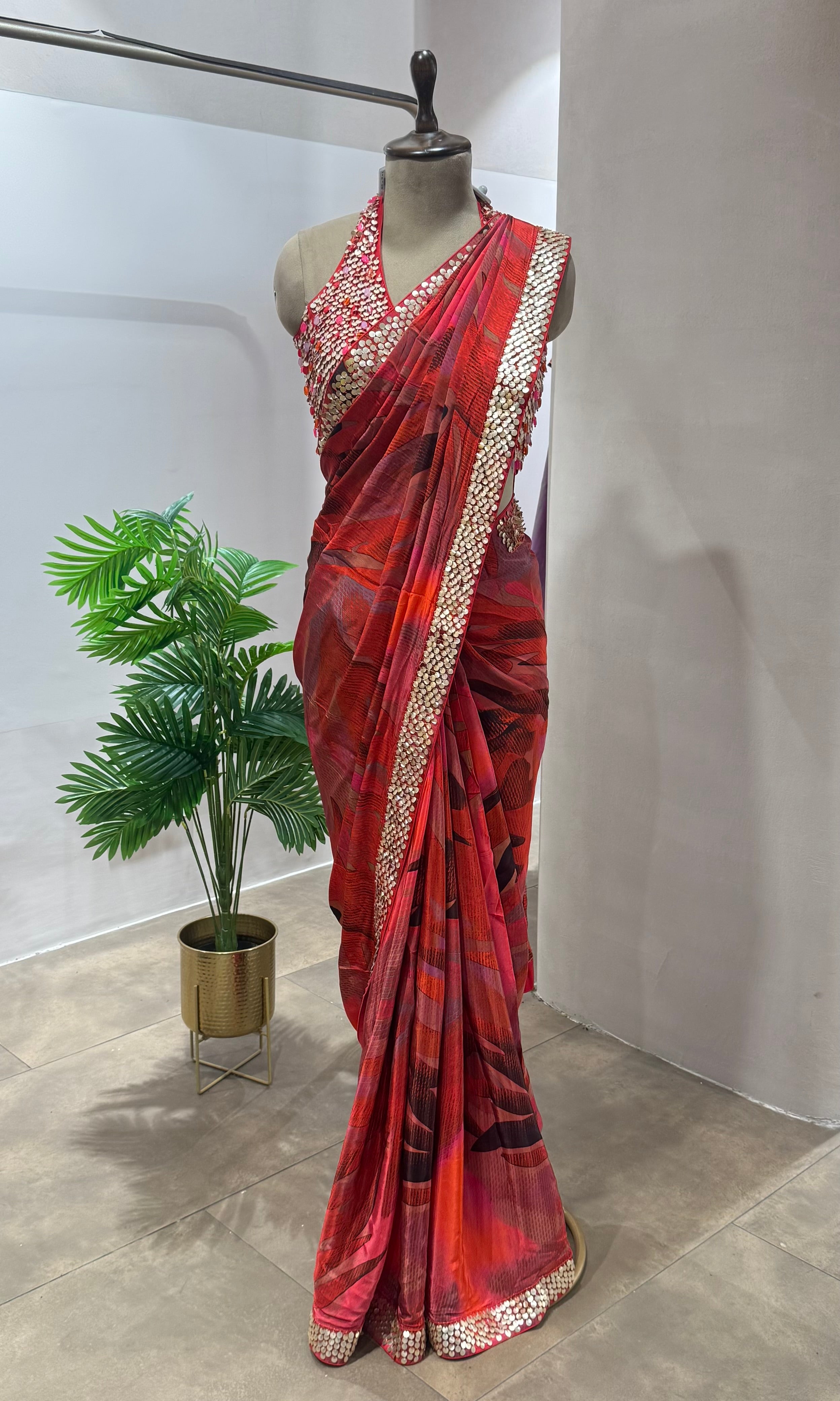 DESIGNER RED SAREE WITH HALTER NECK BLOUSE