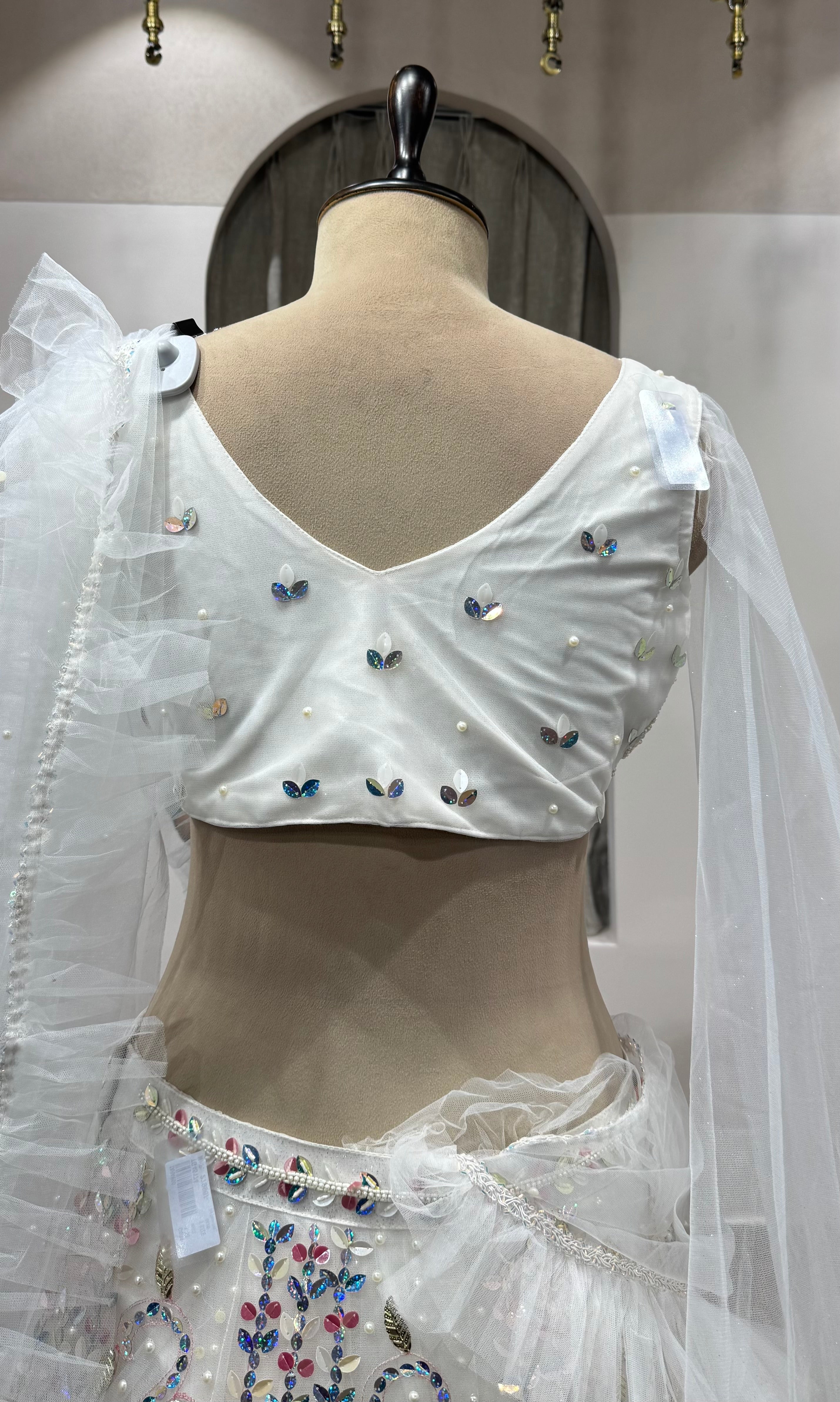 White Organza Lehenga with Pink Threadwork