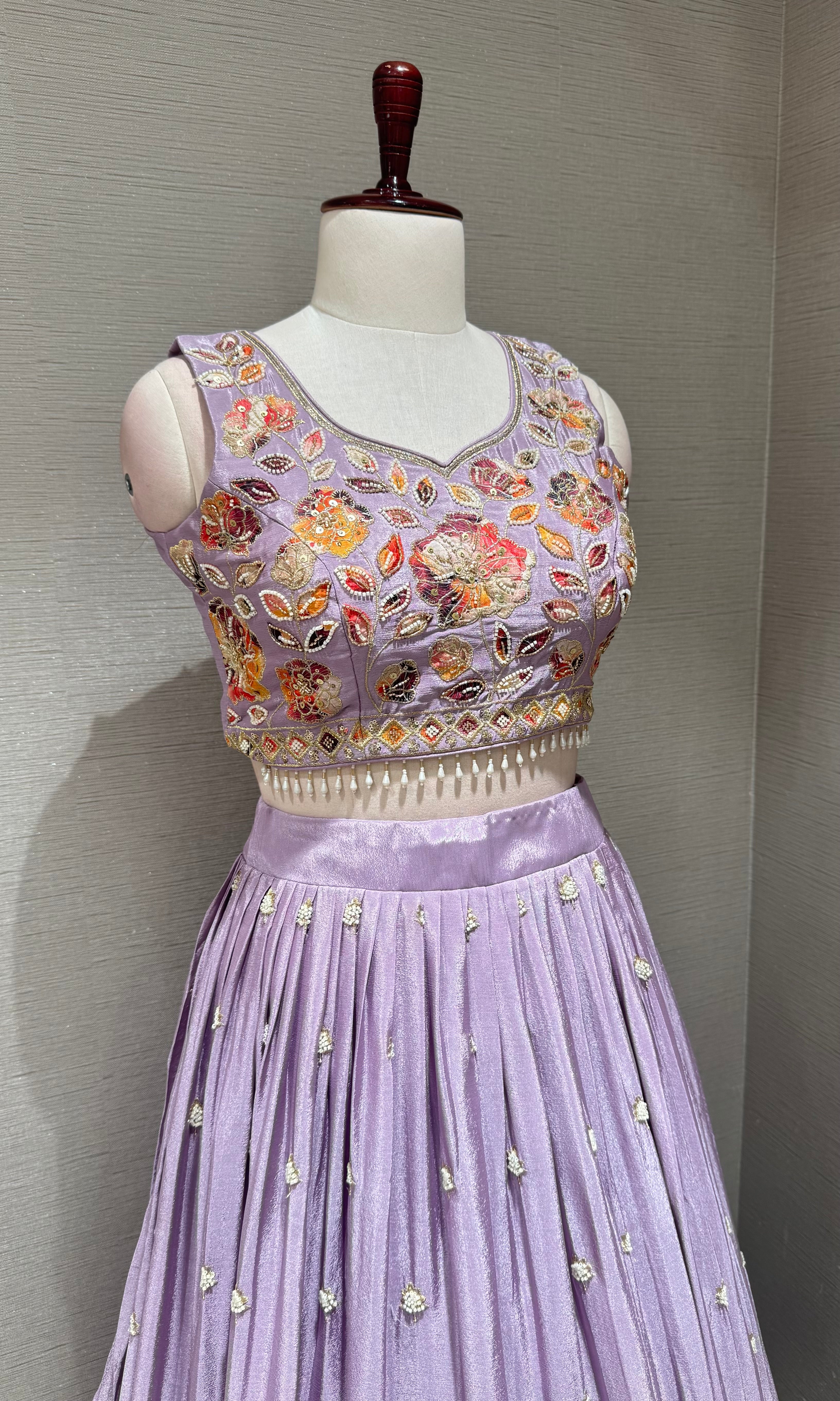 Lilac Tissue silk Multi Floral Crop Top Lehenga set