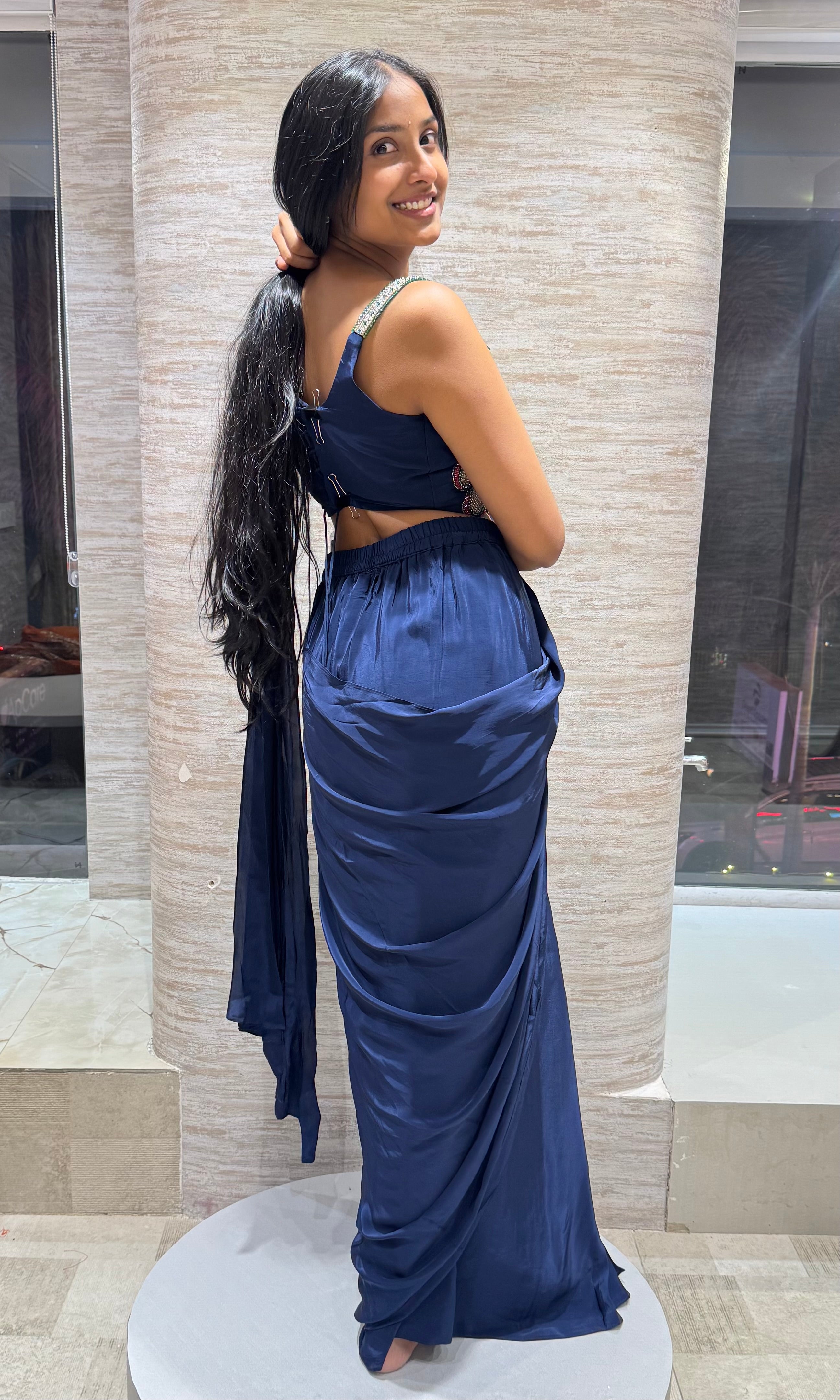 Navy Blue Drape Saree with floral blouse