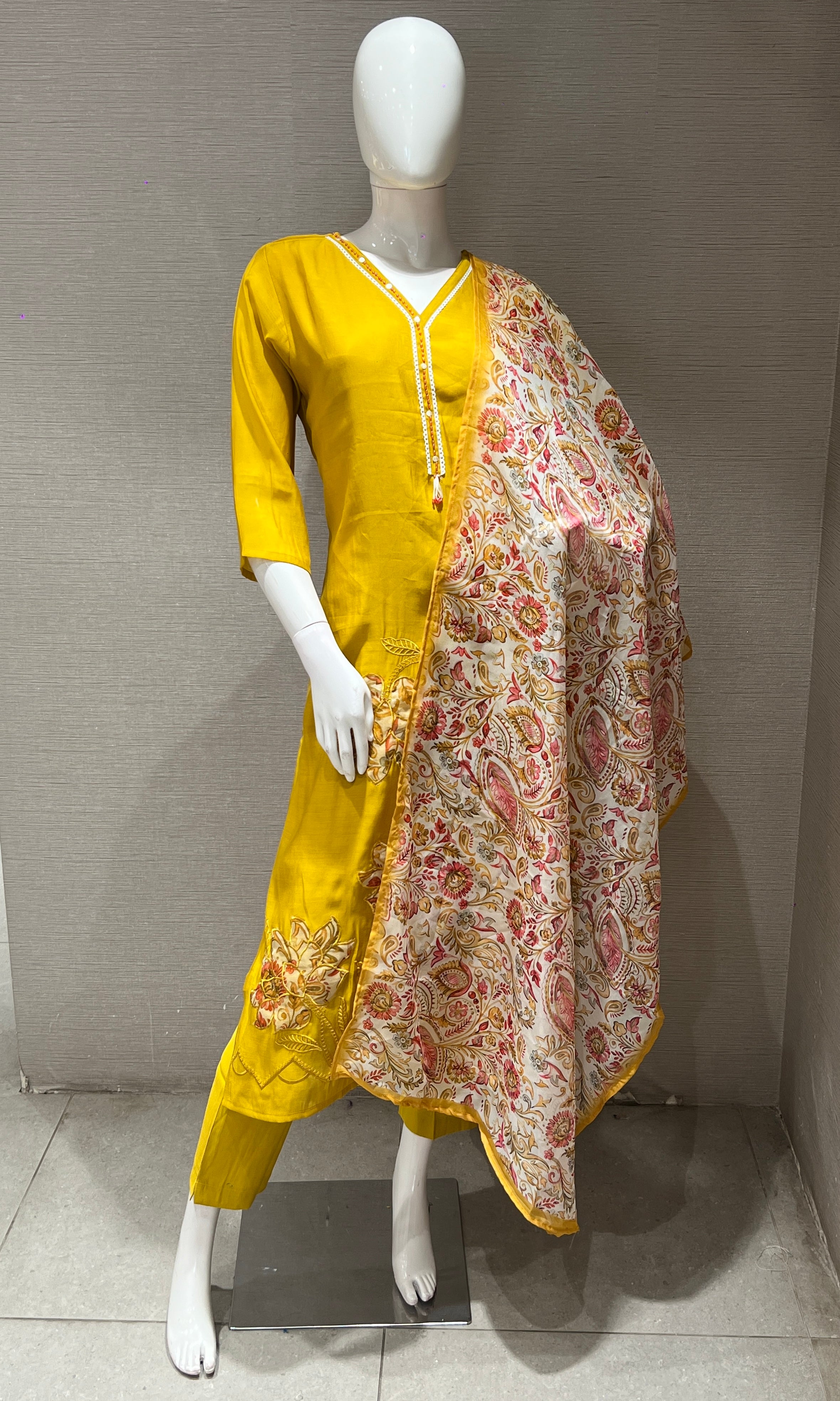 Mustard yellow kurta set with printed dupatta