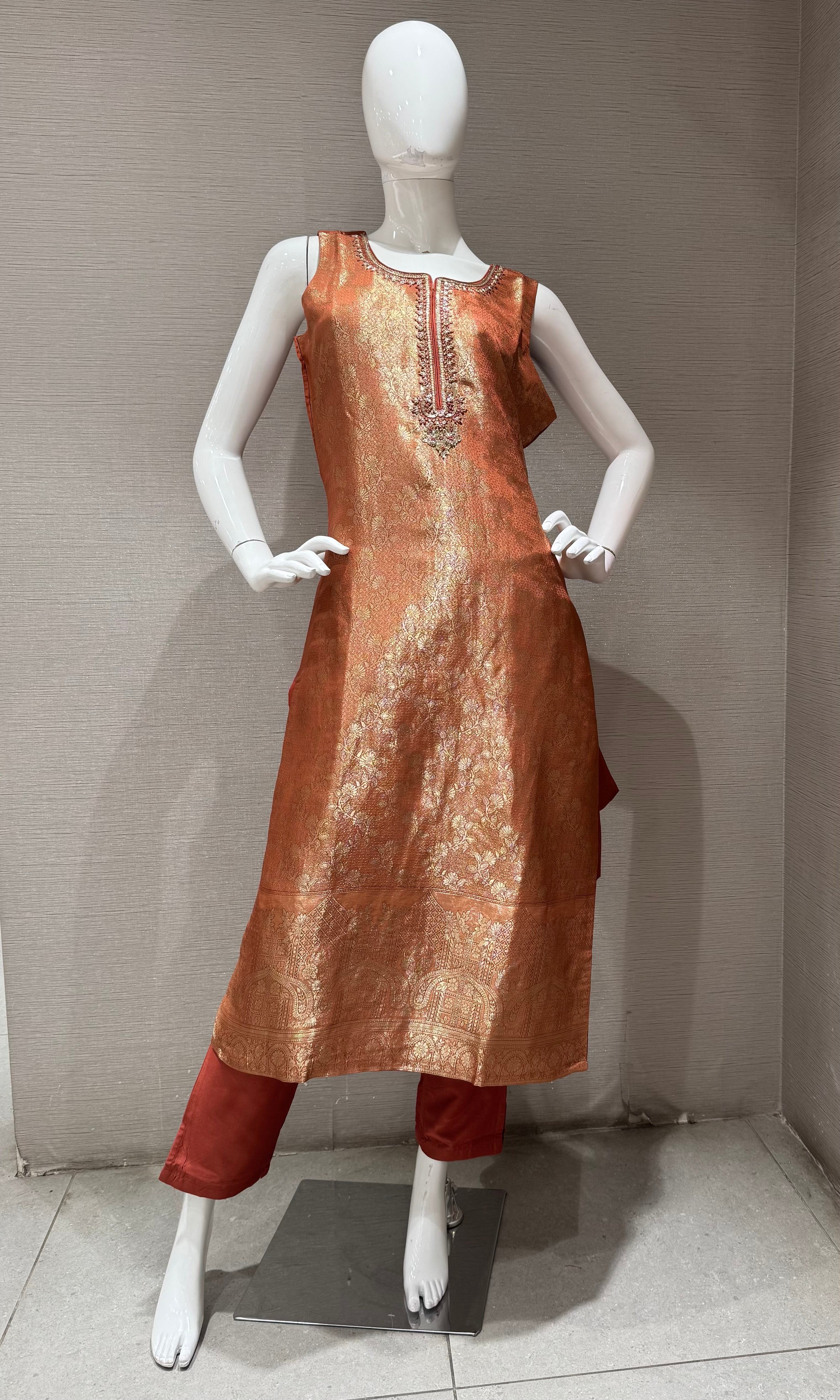 Light Rust Embroidered Kurta Set with Gold Border Dupatta