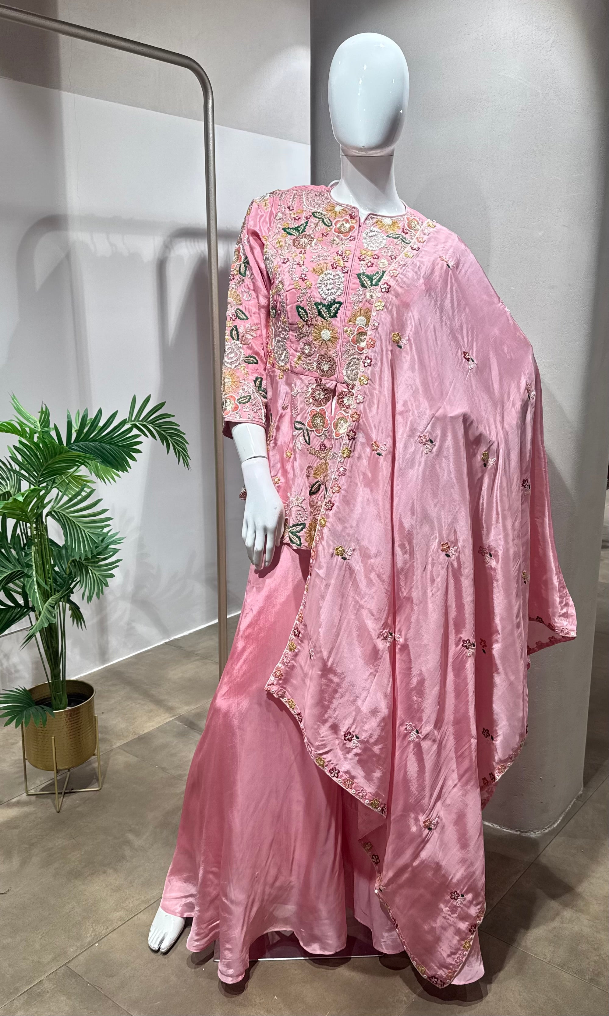 Rose Pink Floral Embroidered Palazzo Set