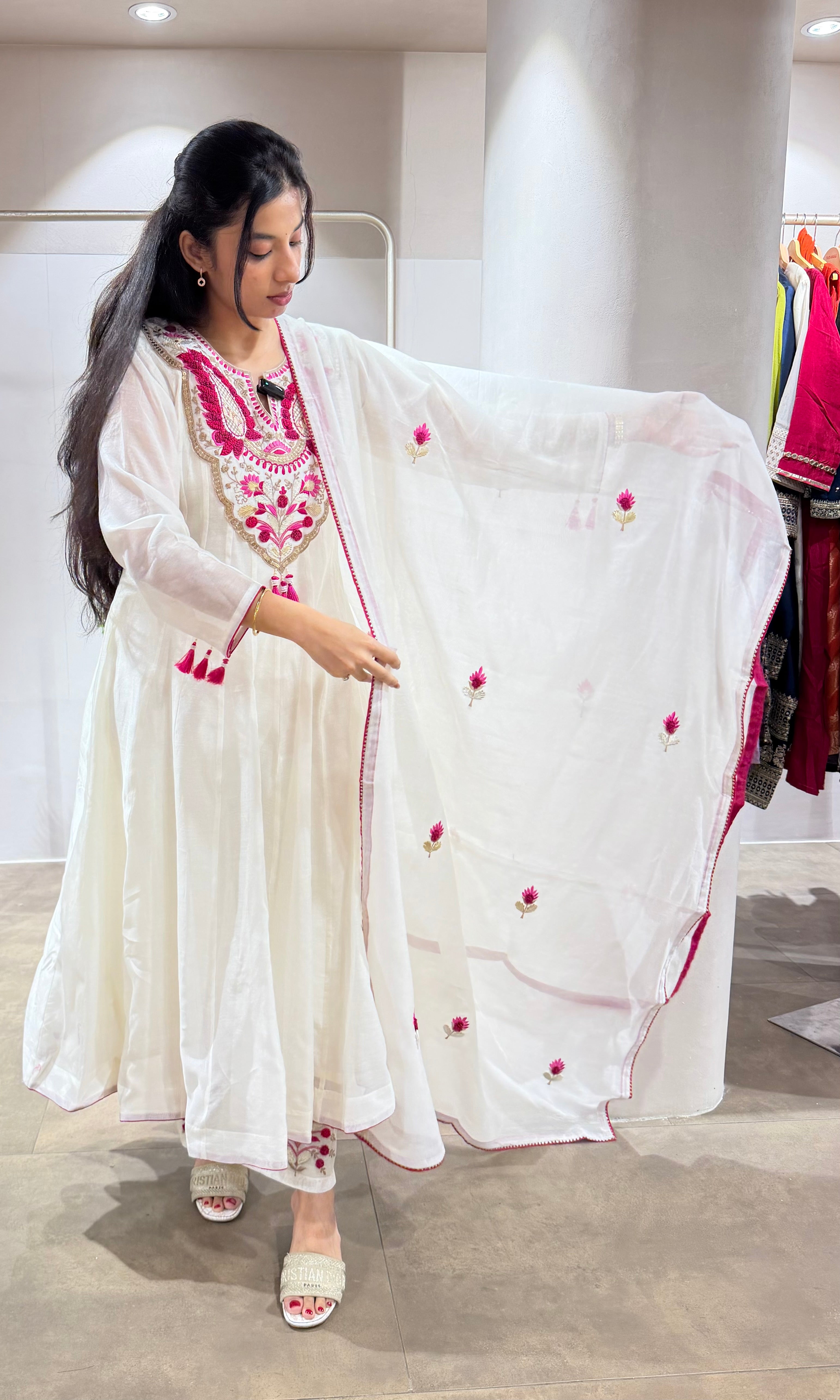 Half White Cotton Embroidery anarkali set