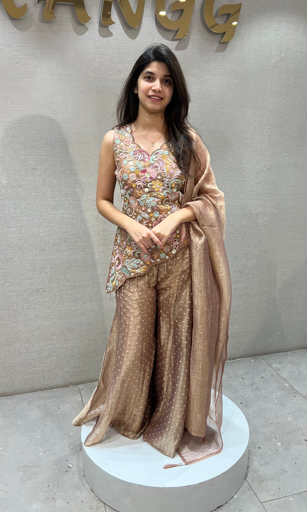 Peach Shimmer Embellished Floral Palazzo set with dupatta