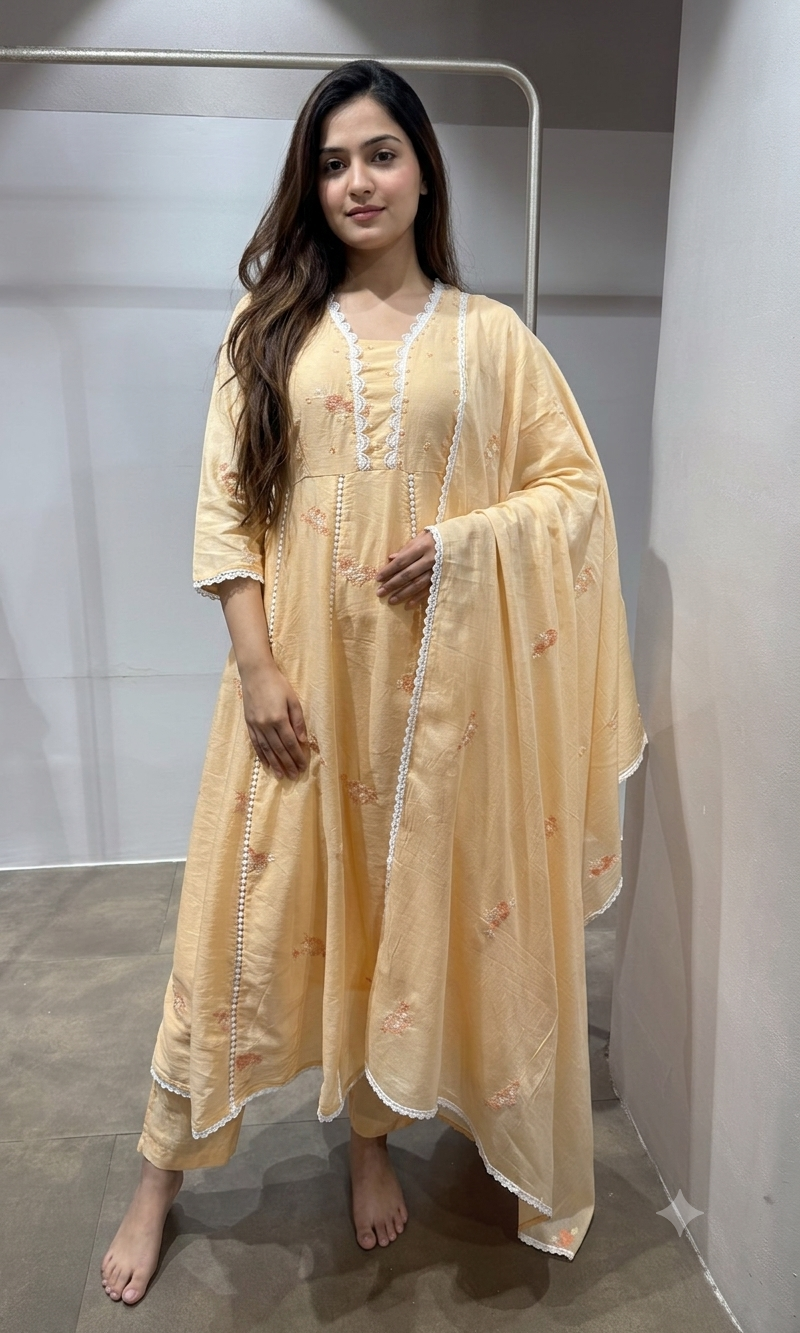 Peach Floral embroidered a line set