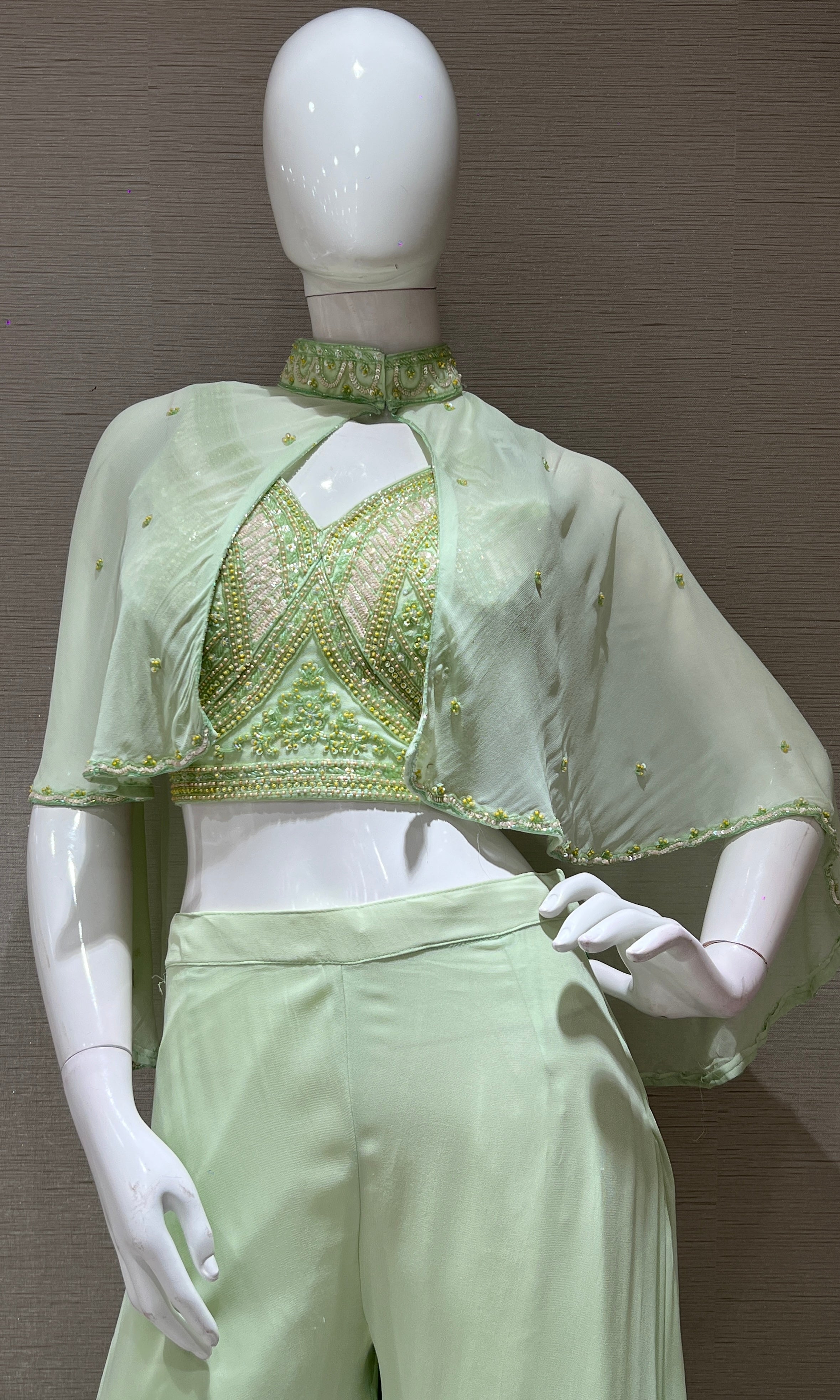 Light Green Embellished Palazzo Set with Cape