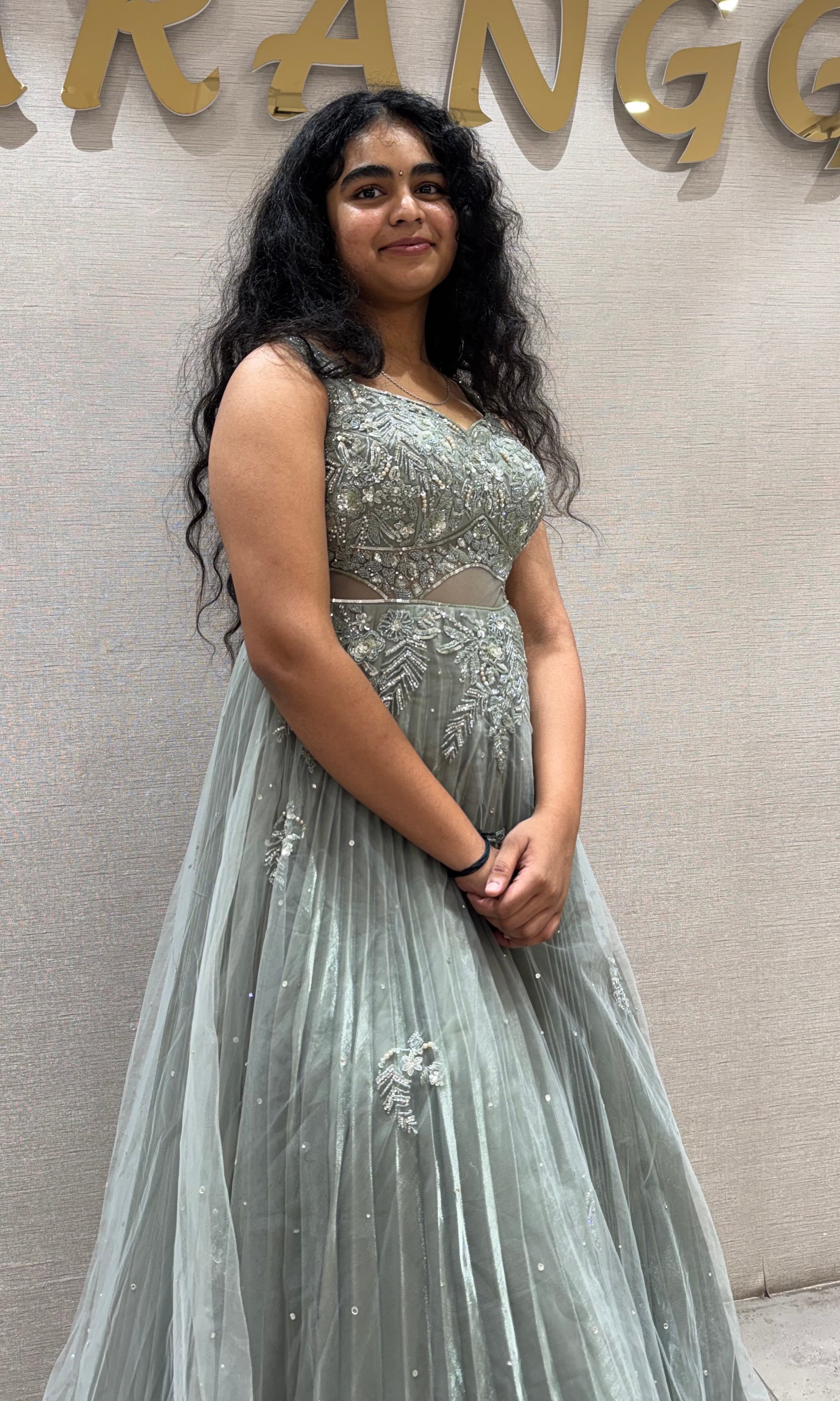 Pastel Green Sage Floral Applique Gown