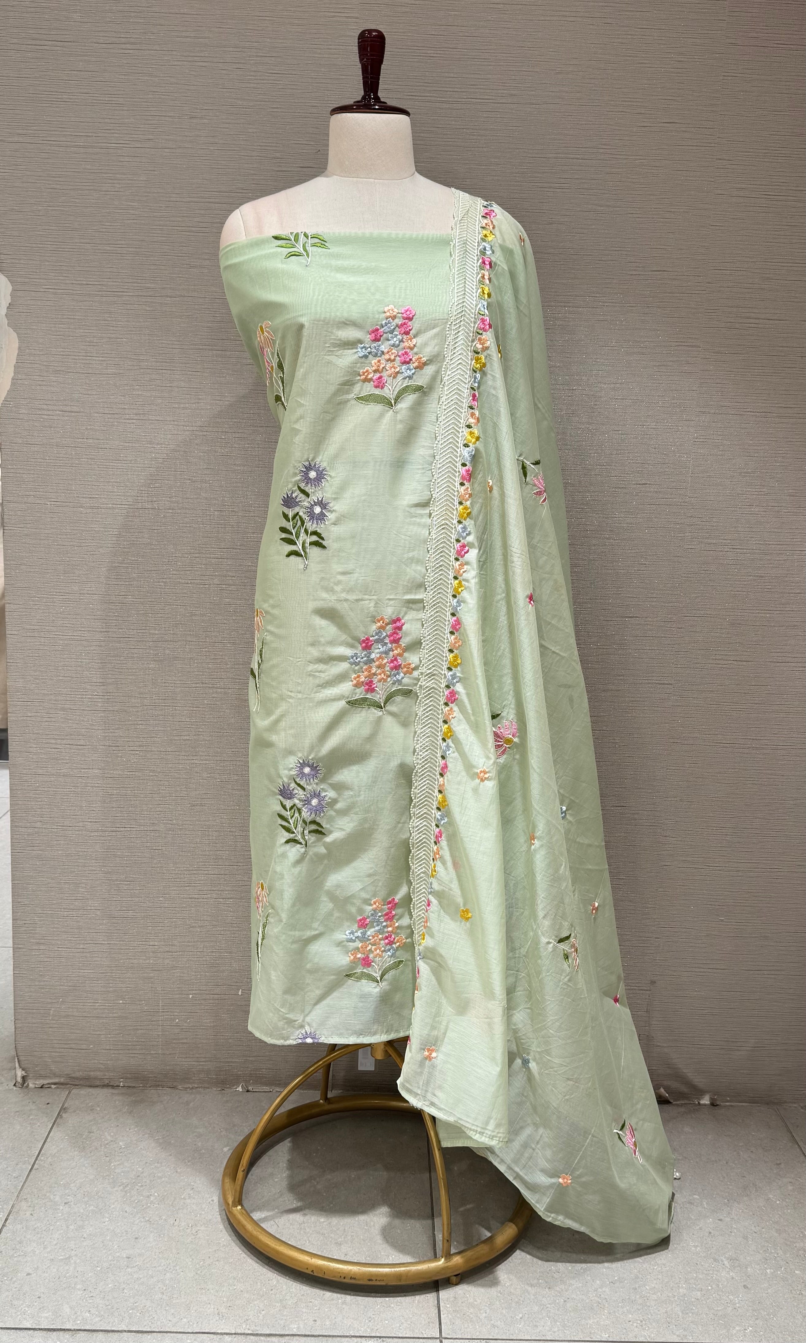 Pastel Light Green Floral Embroidery Dress material