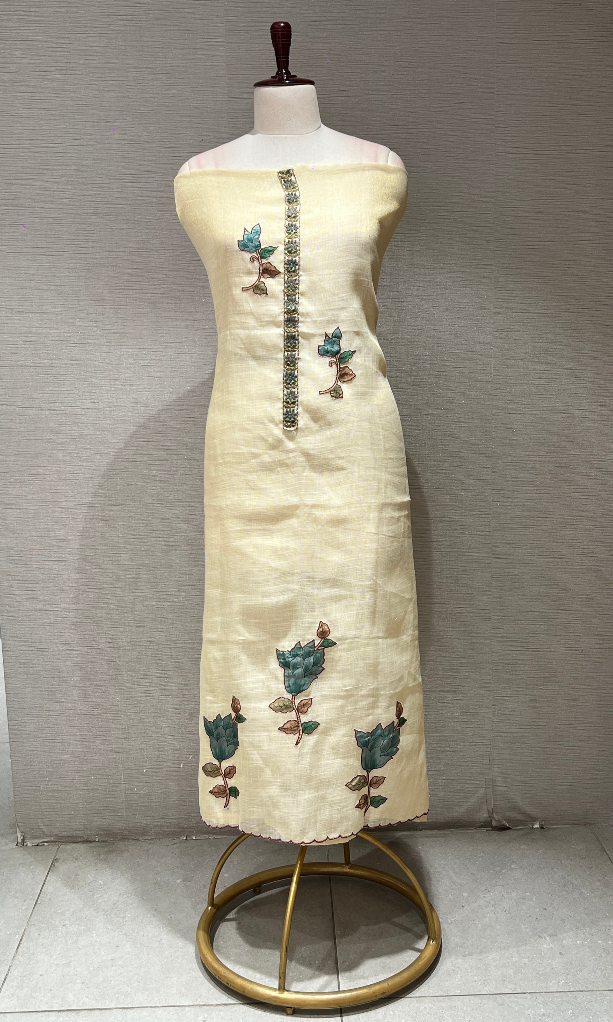 BEIGH DRESS MATERIAL WITH FLORAL DUPATTA