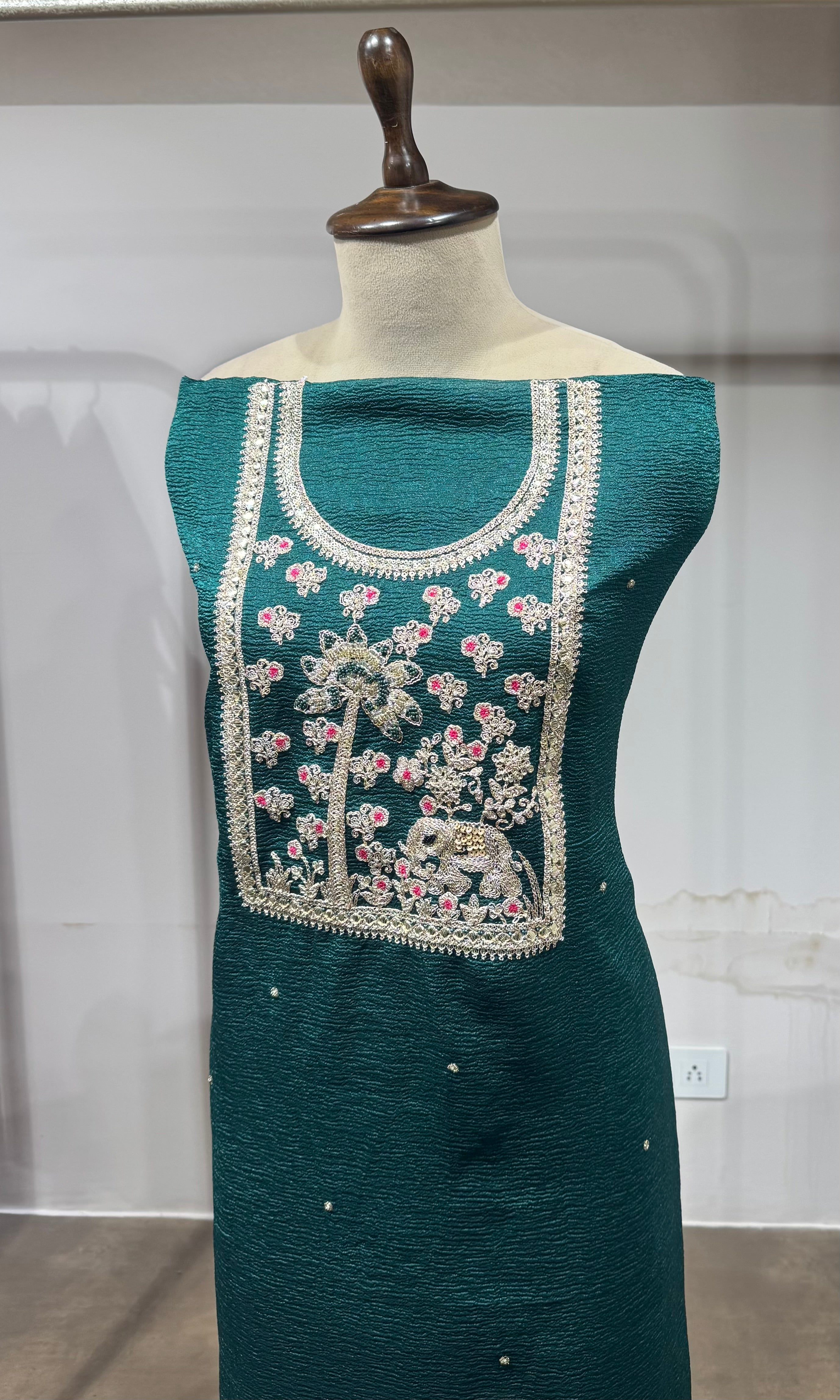 Green ETHNIC DRESS MATERIAL WITH BANARASI DUPATTA