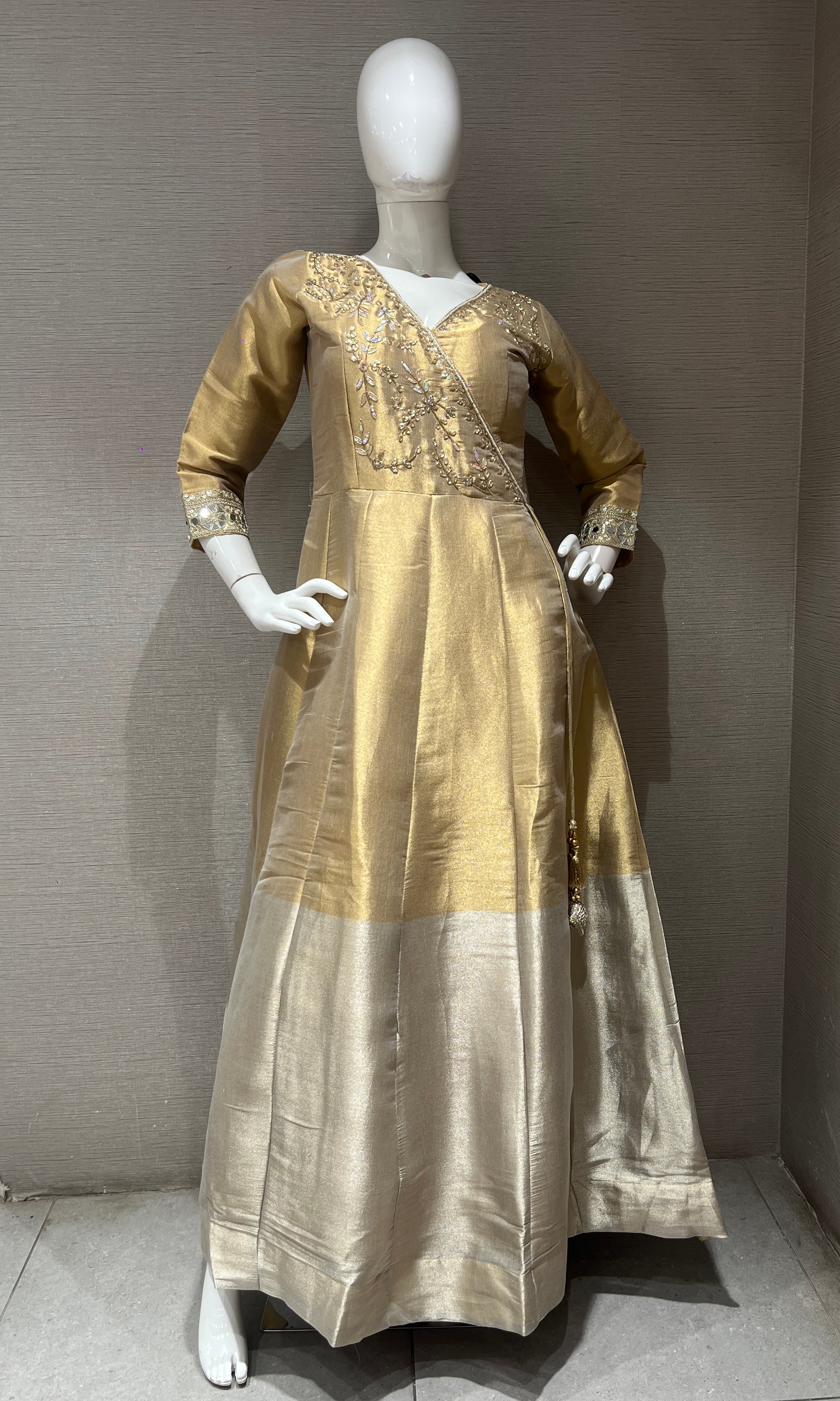 Gold Embroidered Silk Anarkali Gown with Matching Dupatta