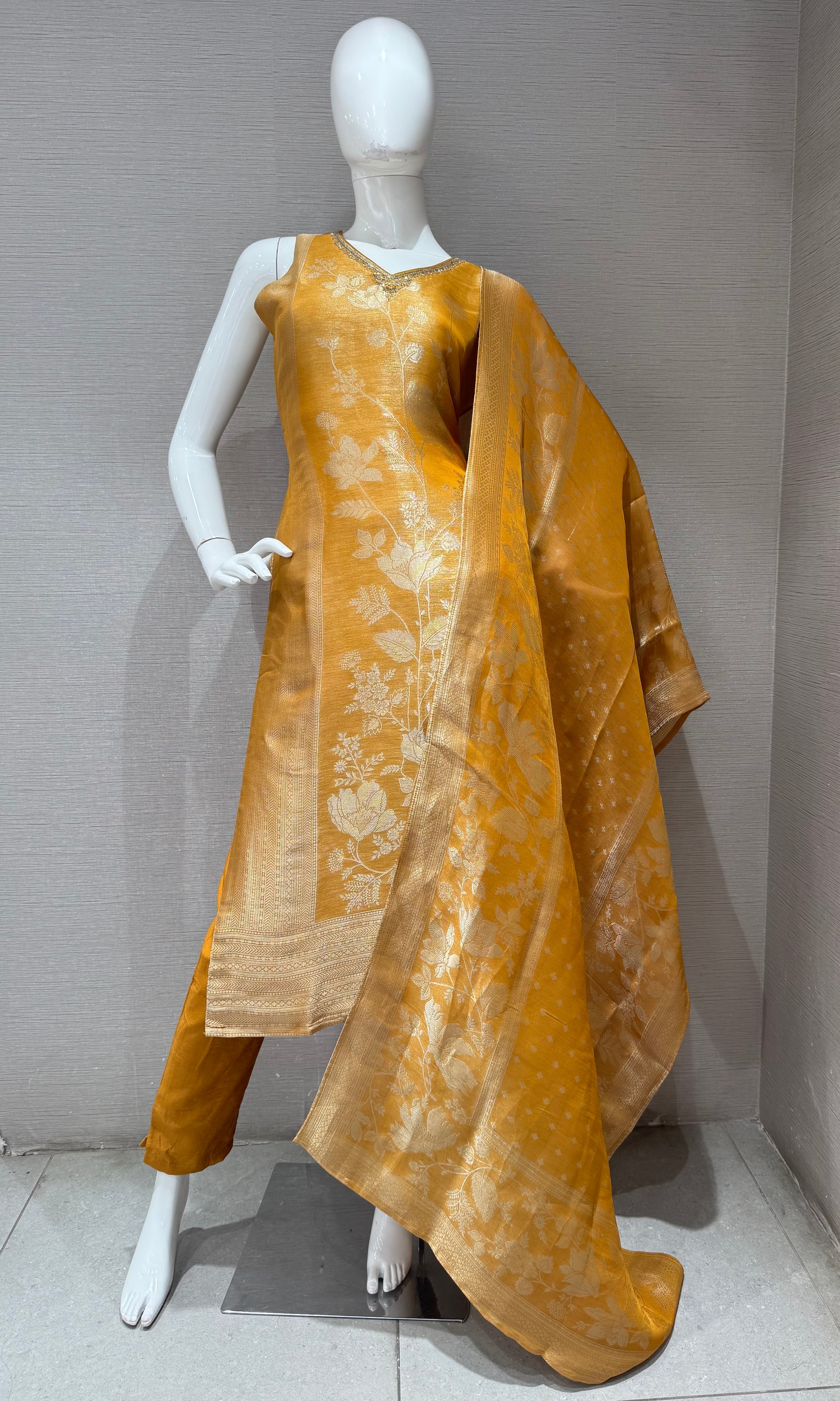 Mustard yellow Banarasi Kurta set with Matching Dupatta