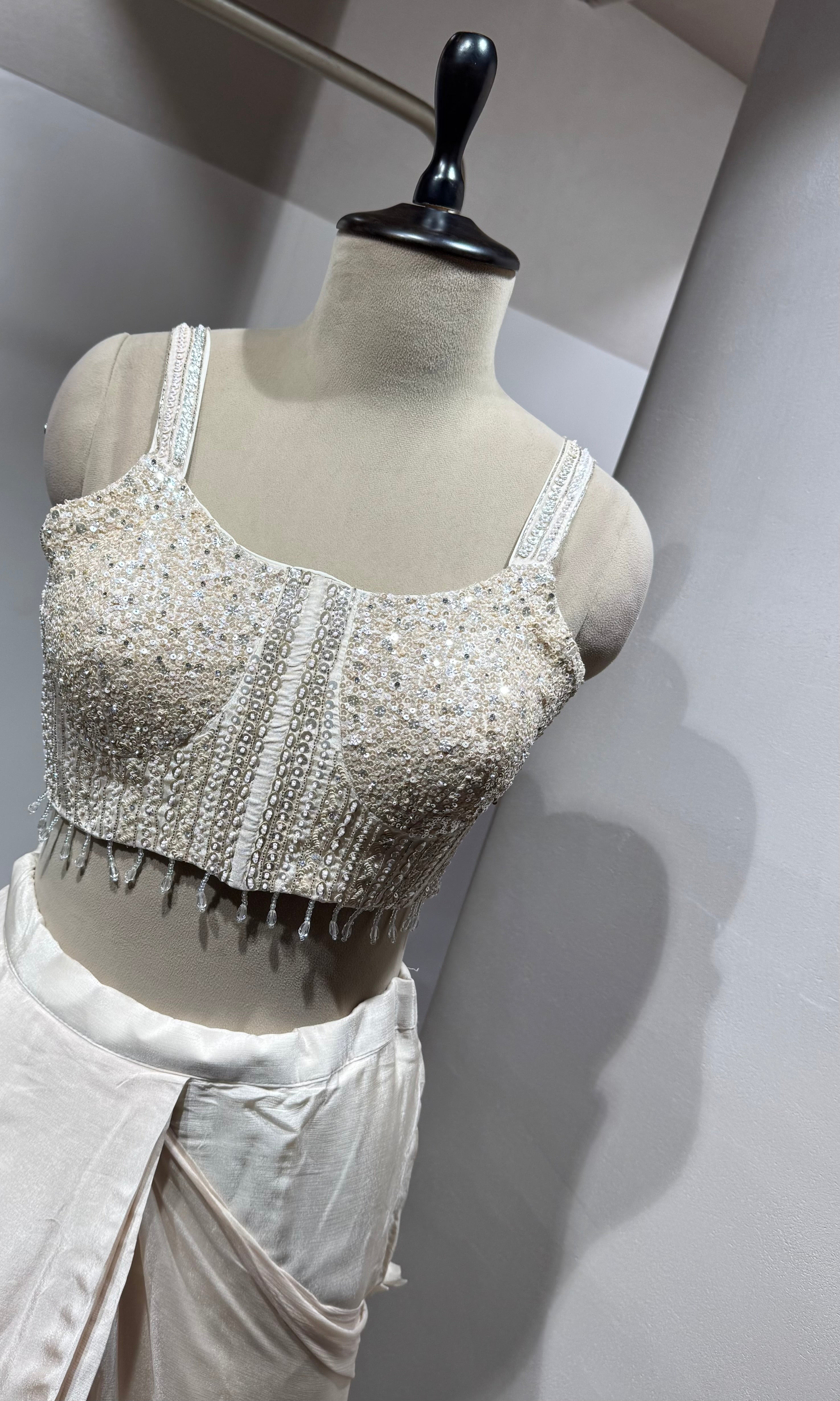 Cream Satin Drape Saree with Sequin Blouse
