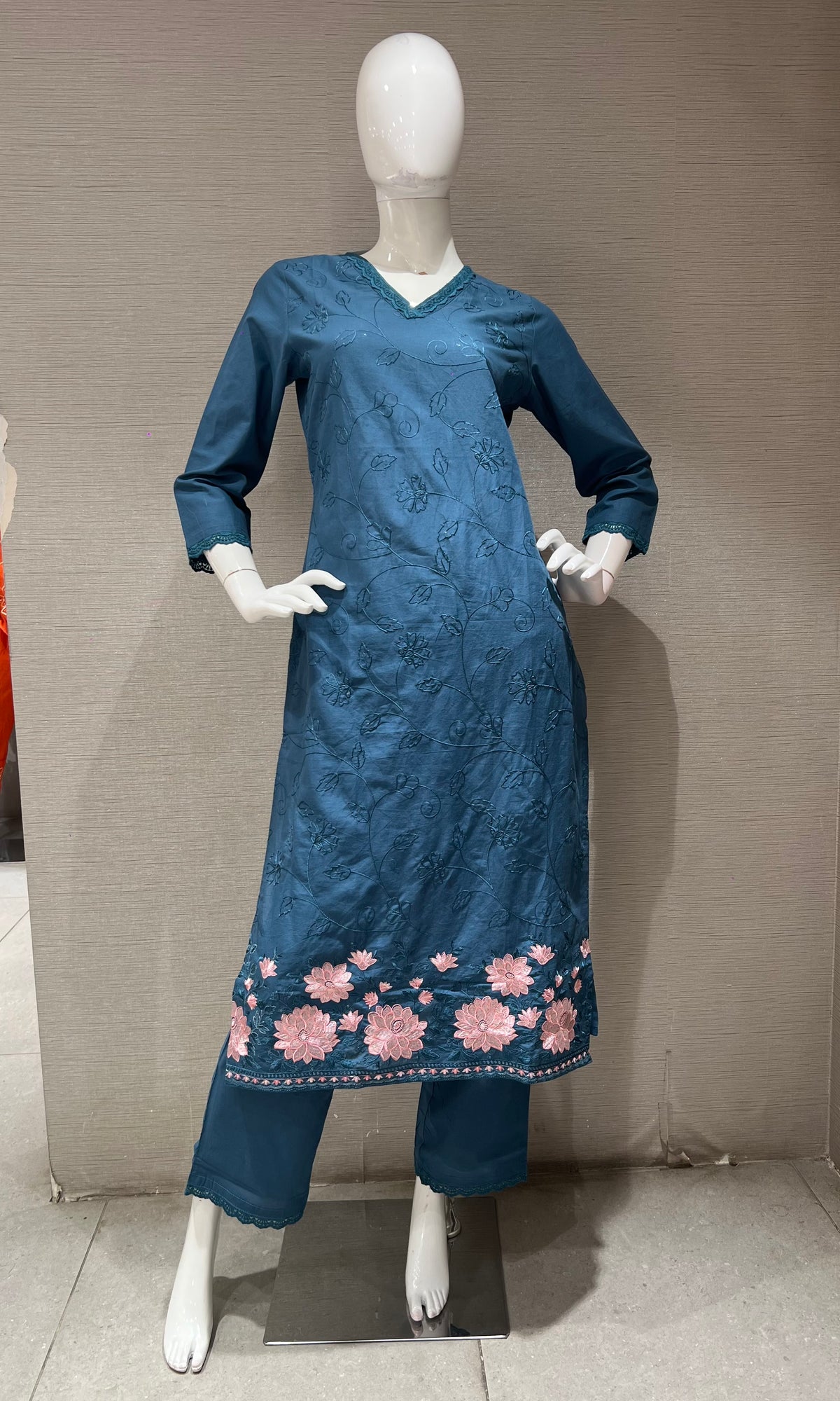 Blue Cotton Kurta Set with Pink Floral Embroidery