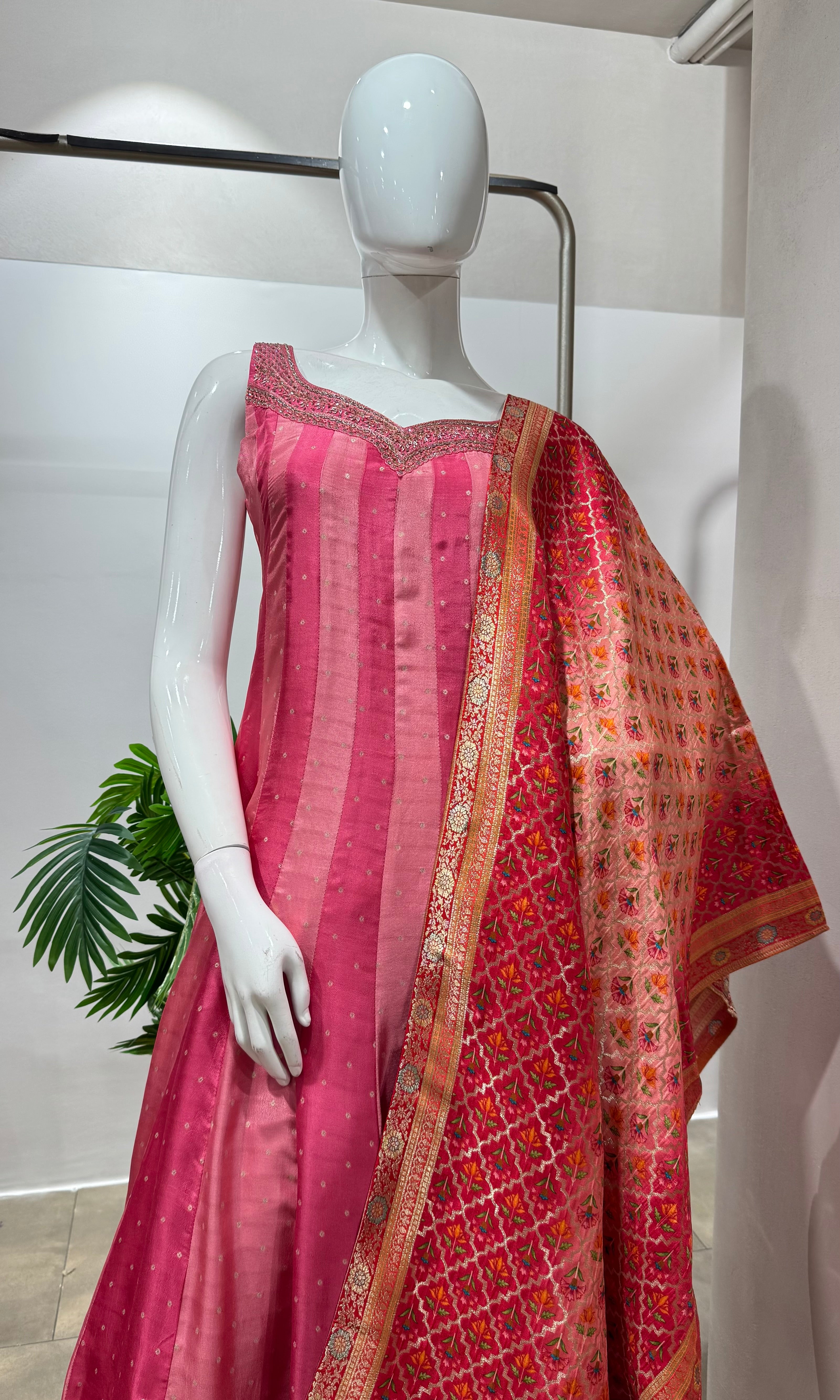 Light pink striped anarkali set