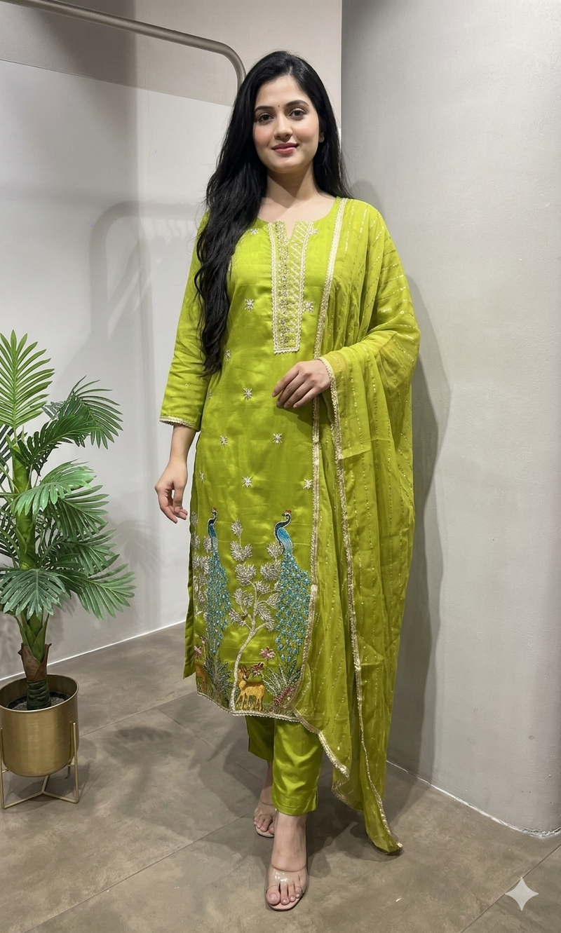 Green Peacock Embroidered Sharara set