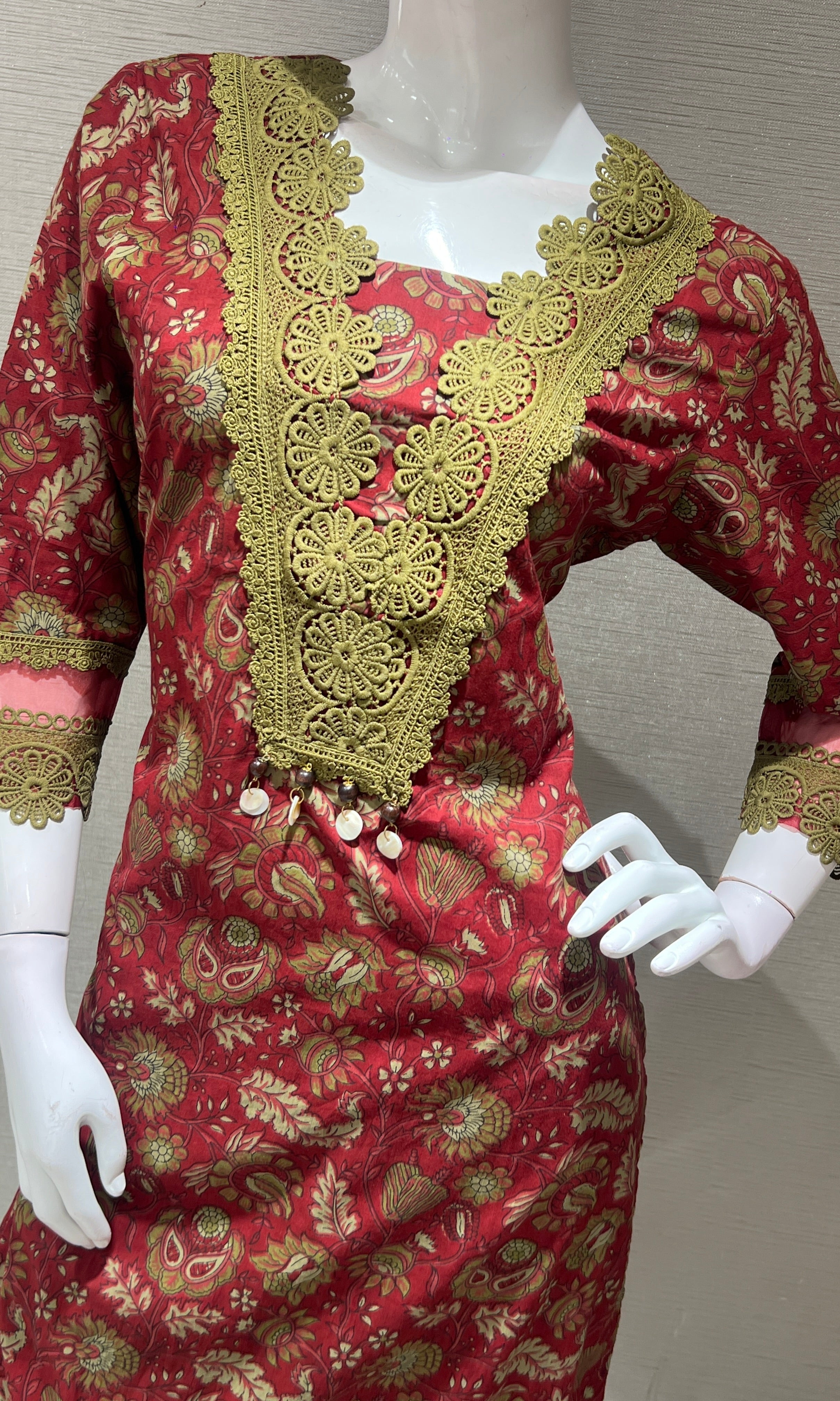 Red FLORAL EMBROIDERED KURTA SET