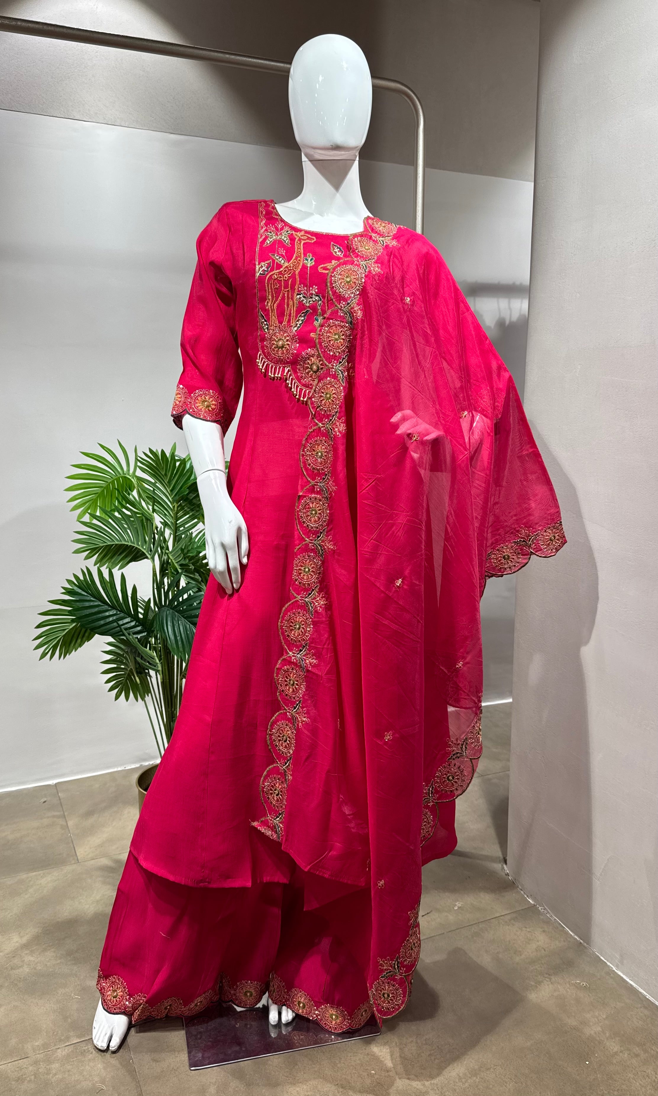 Rani Pink Chanderi Embroidered Kurta Set
