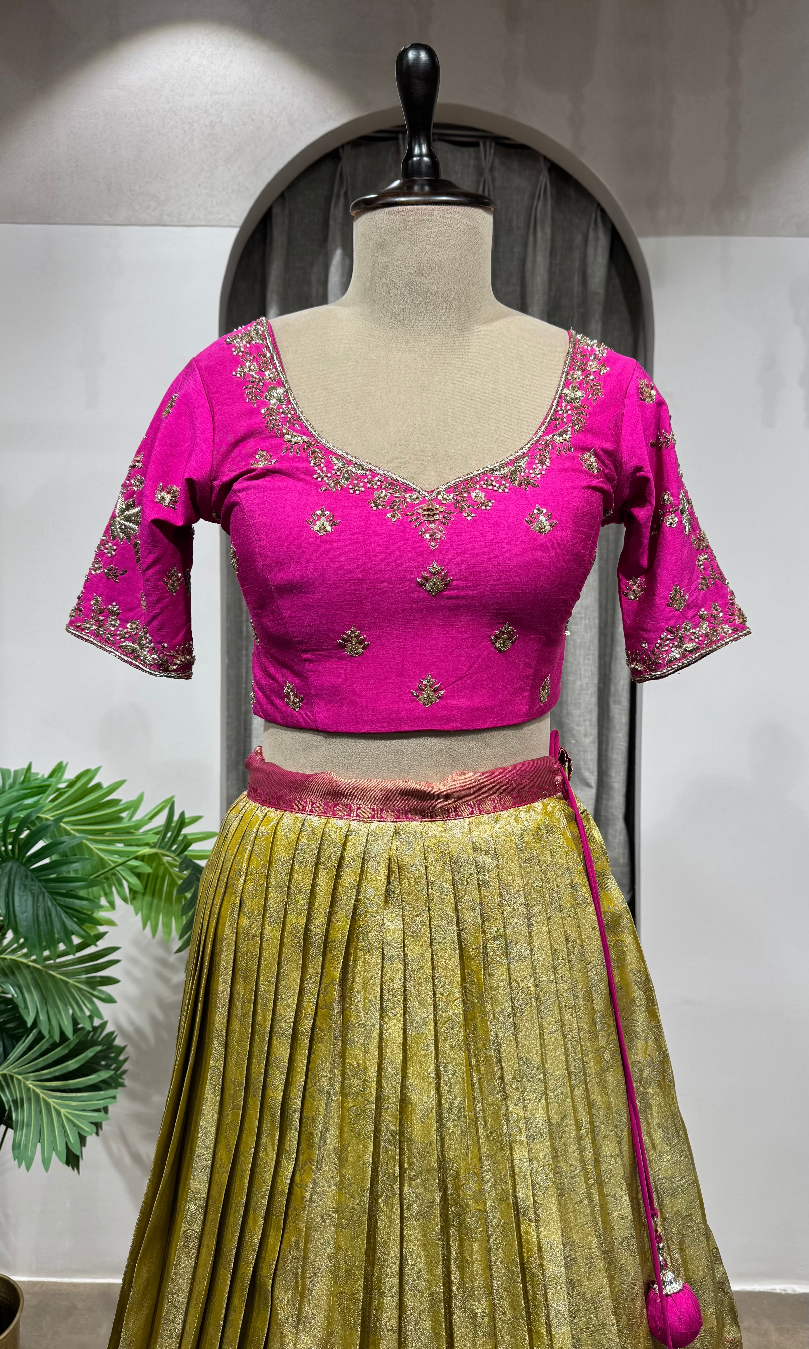 RANI PINK and gold silk BANARASI LEHENGA