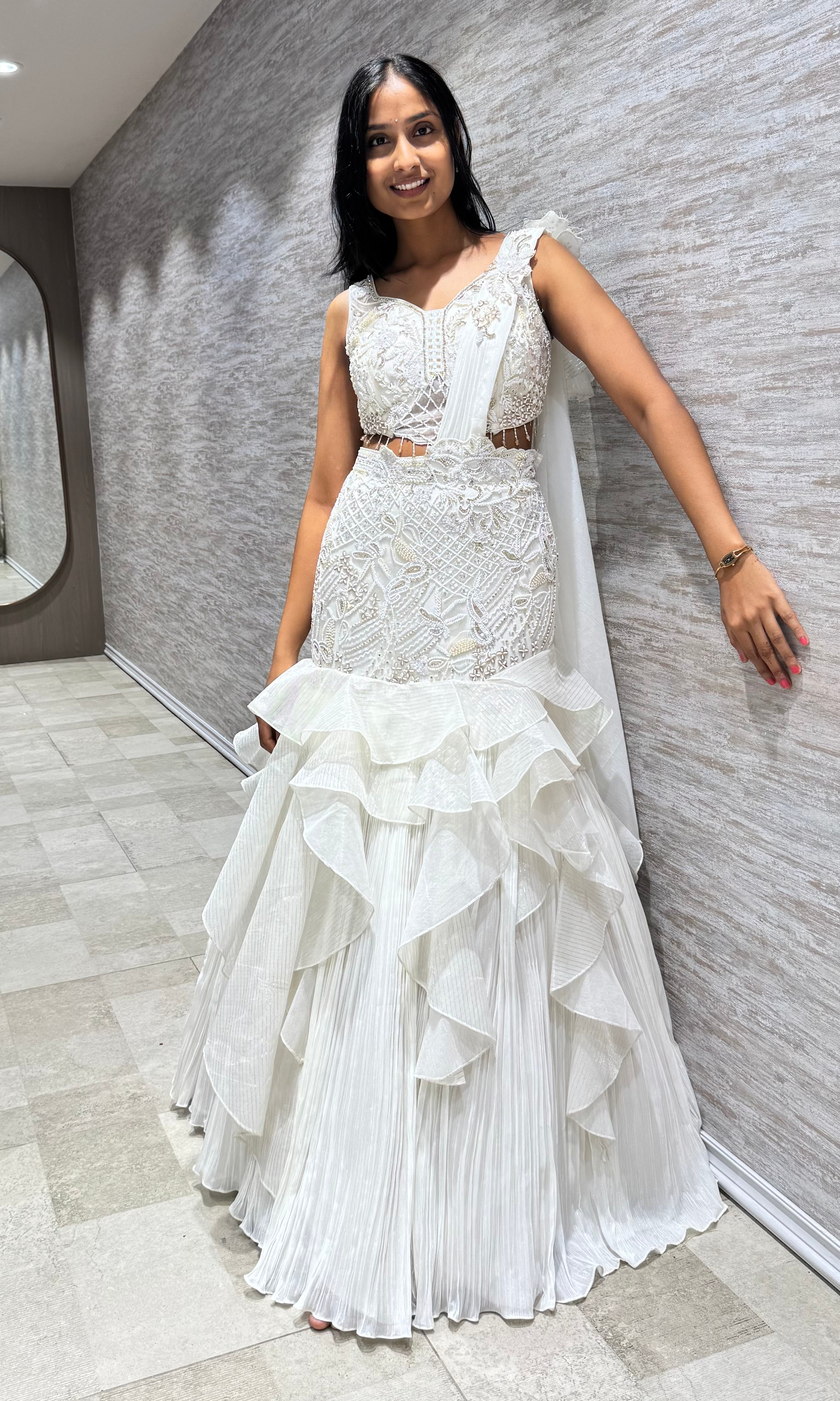 WHITE RUFFLE EMBROIDERED LEHENGA